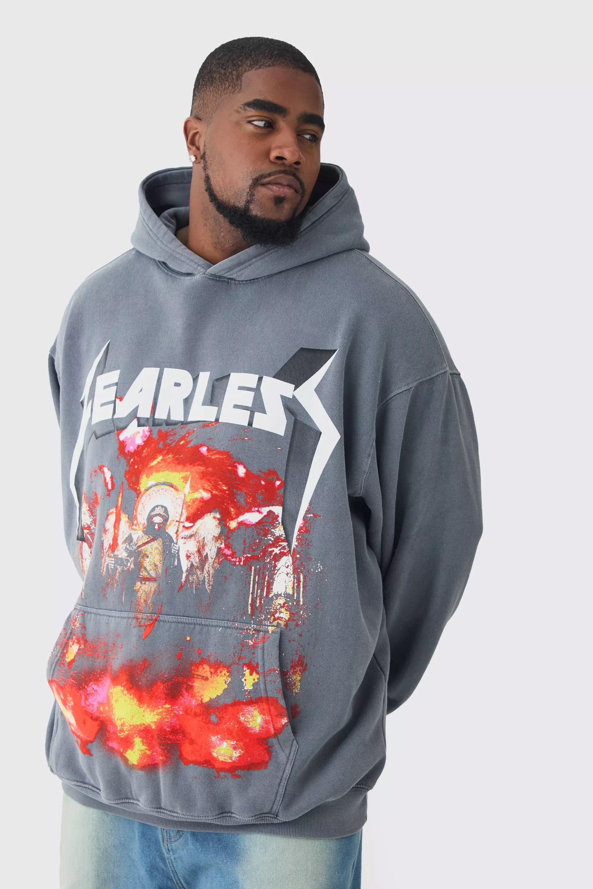 Plus Fearless Print Oversized Washed Hoodie in Black Charcoal