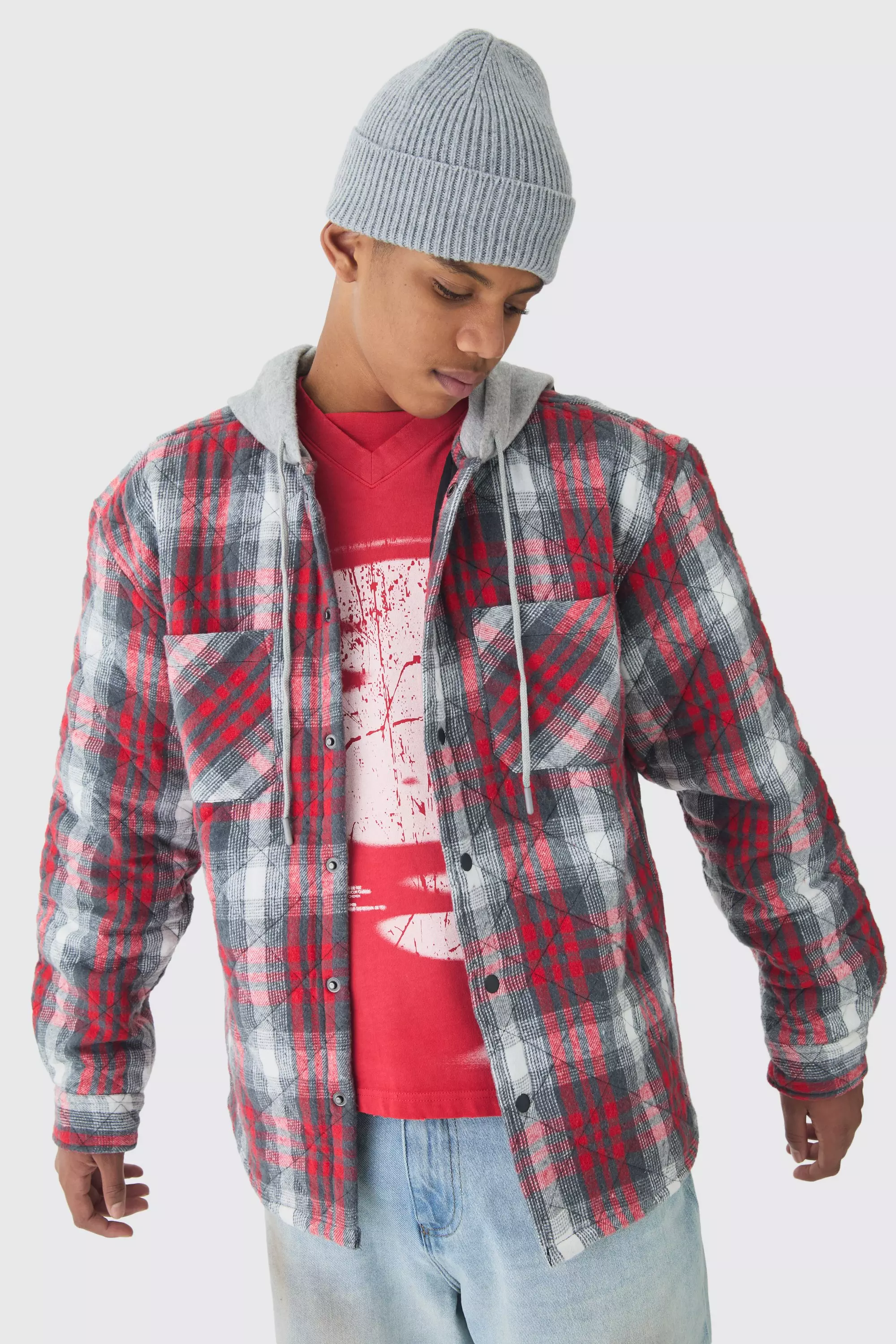 boohoo Women s Tall Back Print Jersey Hood Padded Flanneled Overshirt Red Shirts