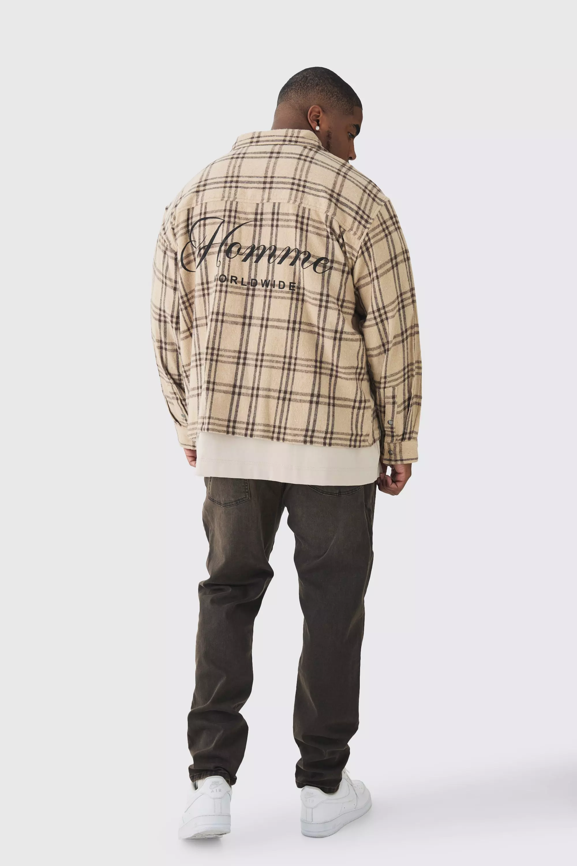 Ecru Plus Homme Back Print Checked Shirt alternative image