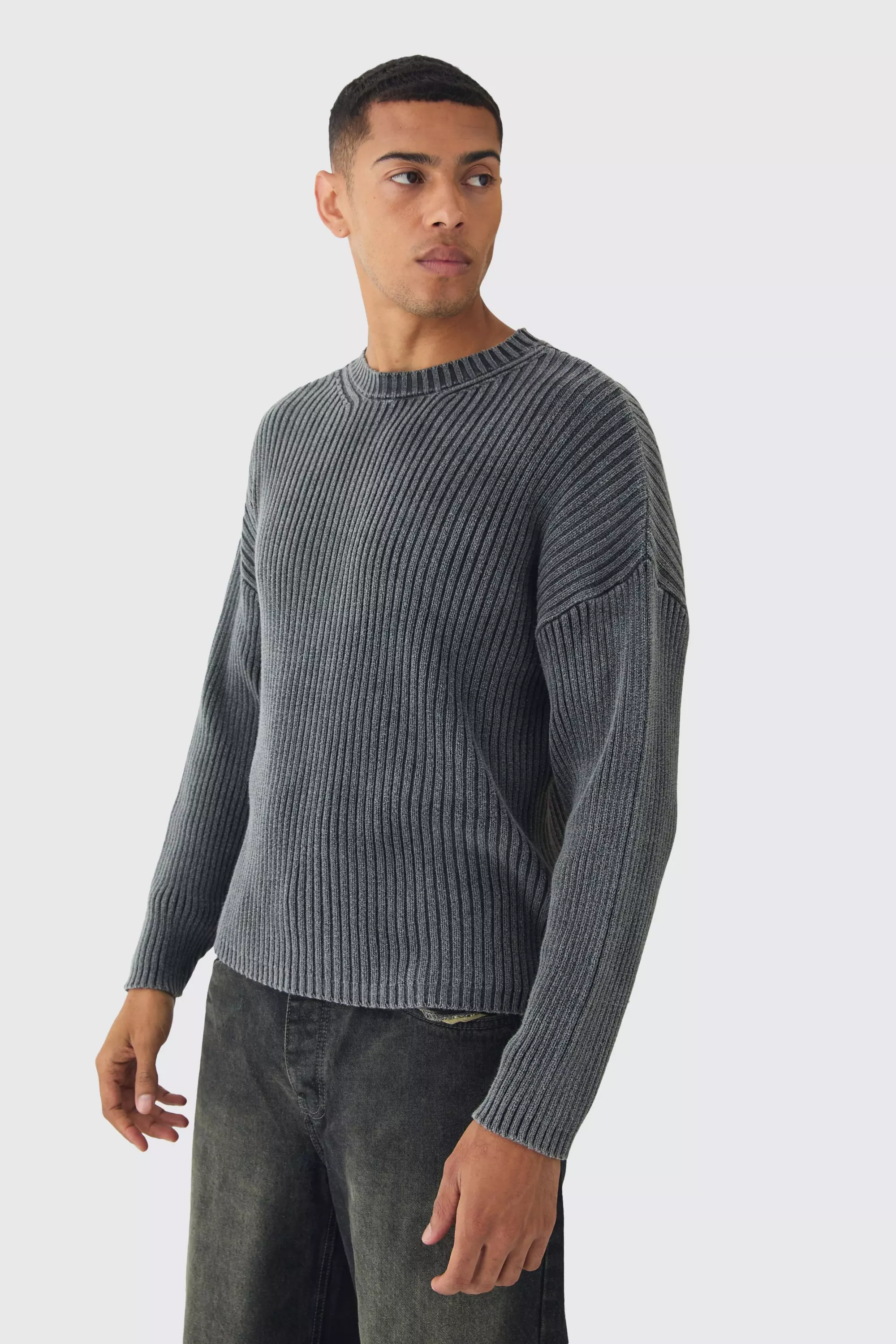 Oversized Boxy Acid Wash Sweater In Charcoal | boohooMAN USA