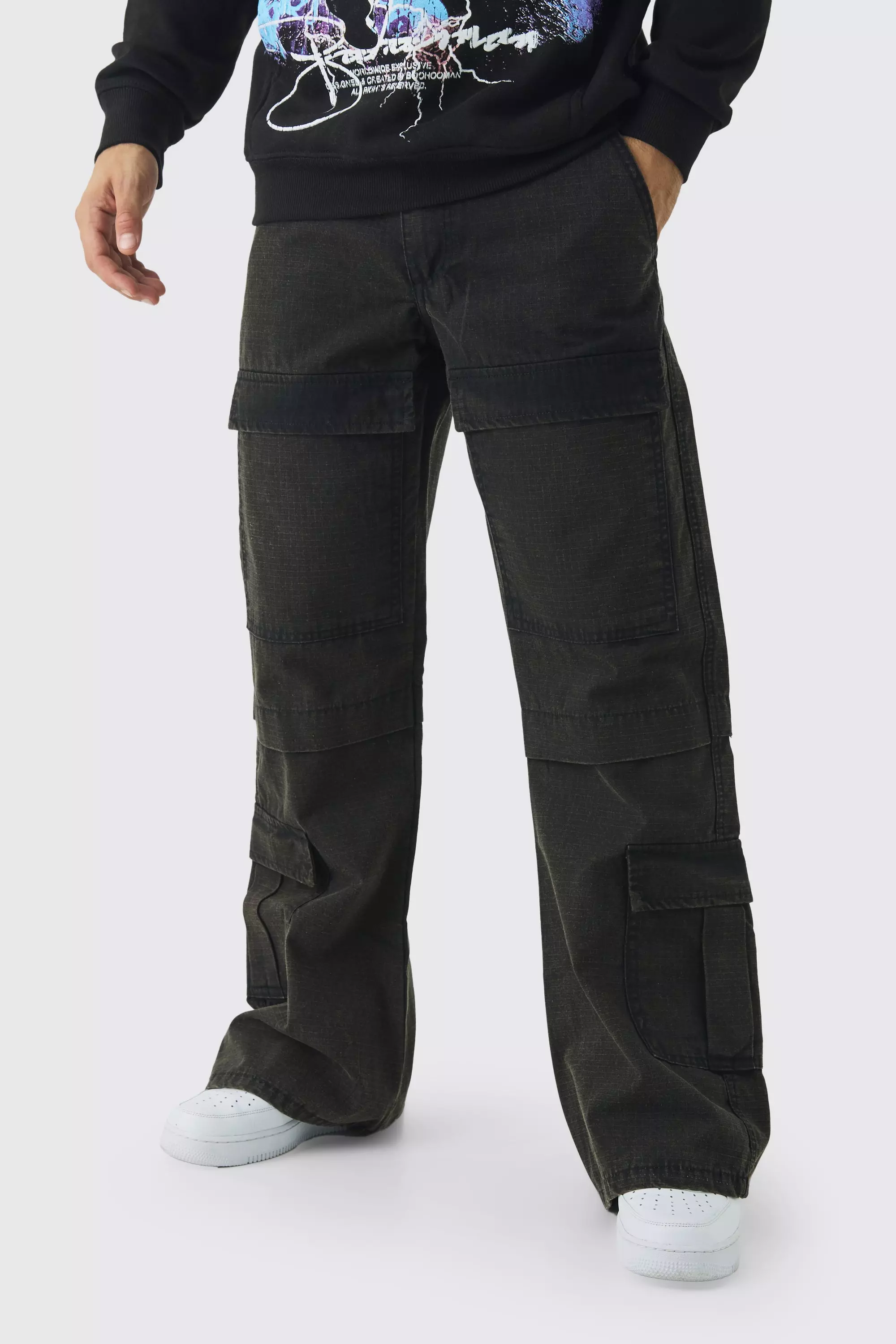 Black Relaxed Flared Oil Wash Ripstop Cargo Pants