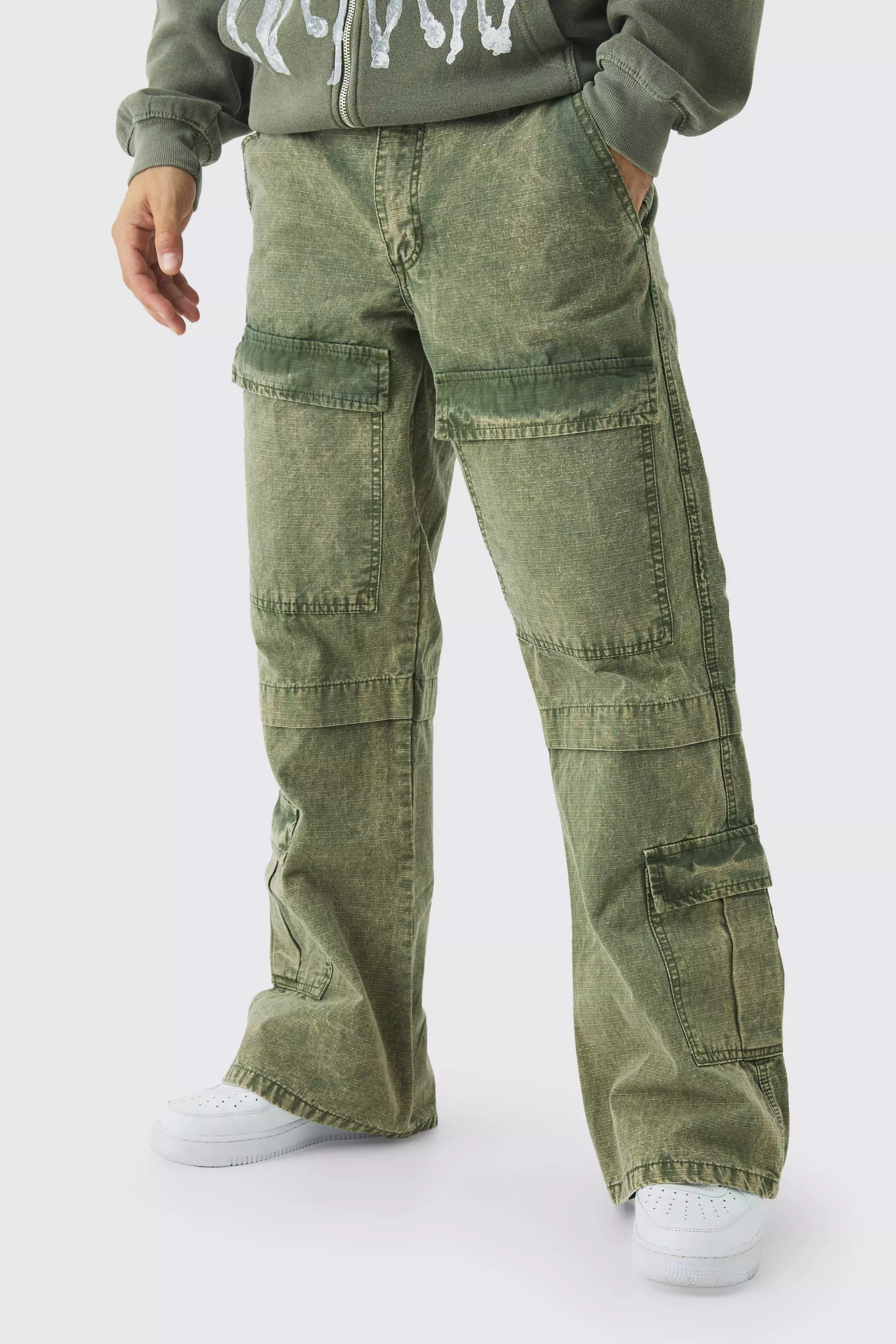 Relaxed Flared Oil Wash Ripstop Cargo Pants Khaki