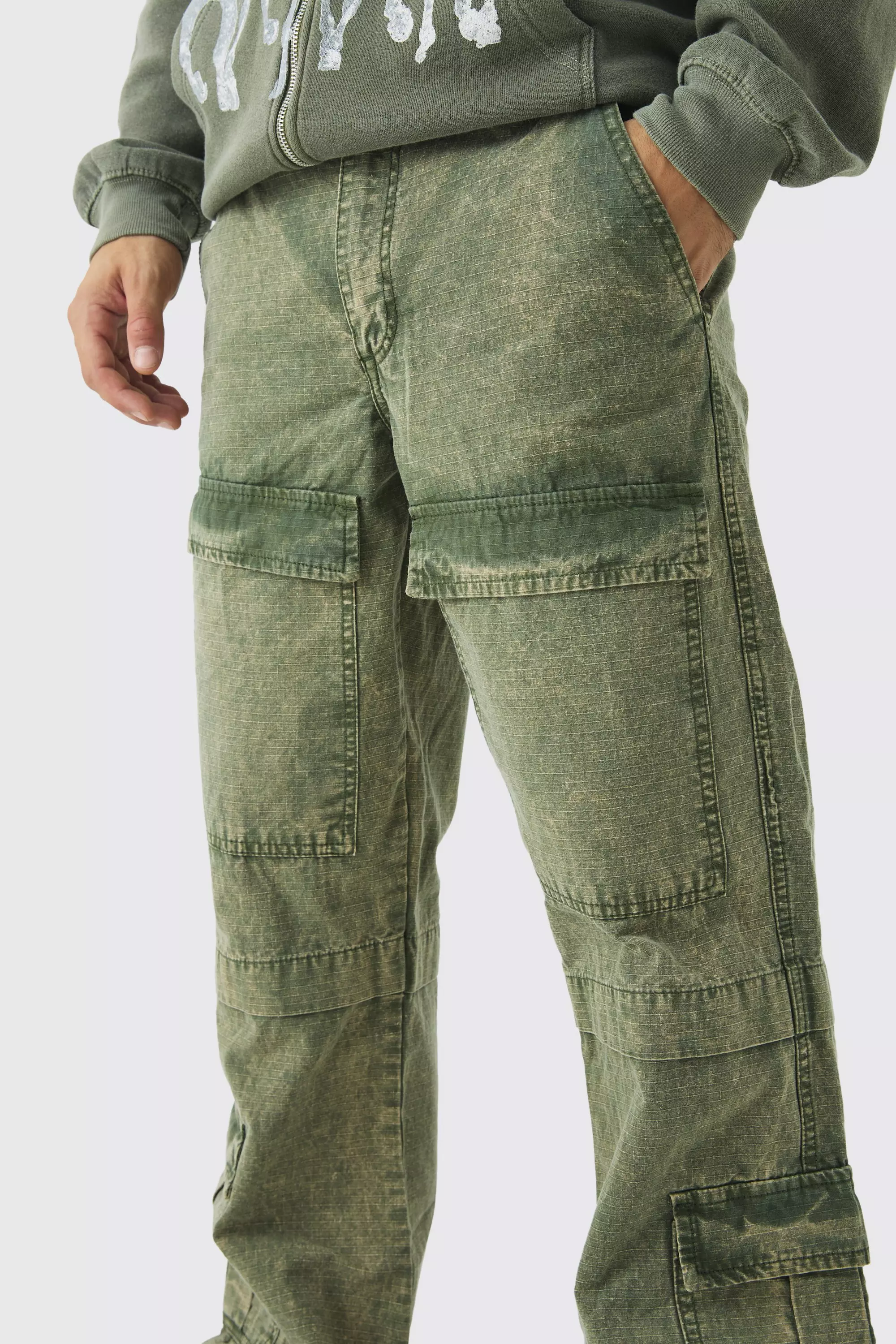 Khaki Relaxed Flared Oil Wash Ripstop Cargo Trousers alternative image