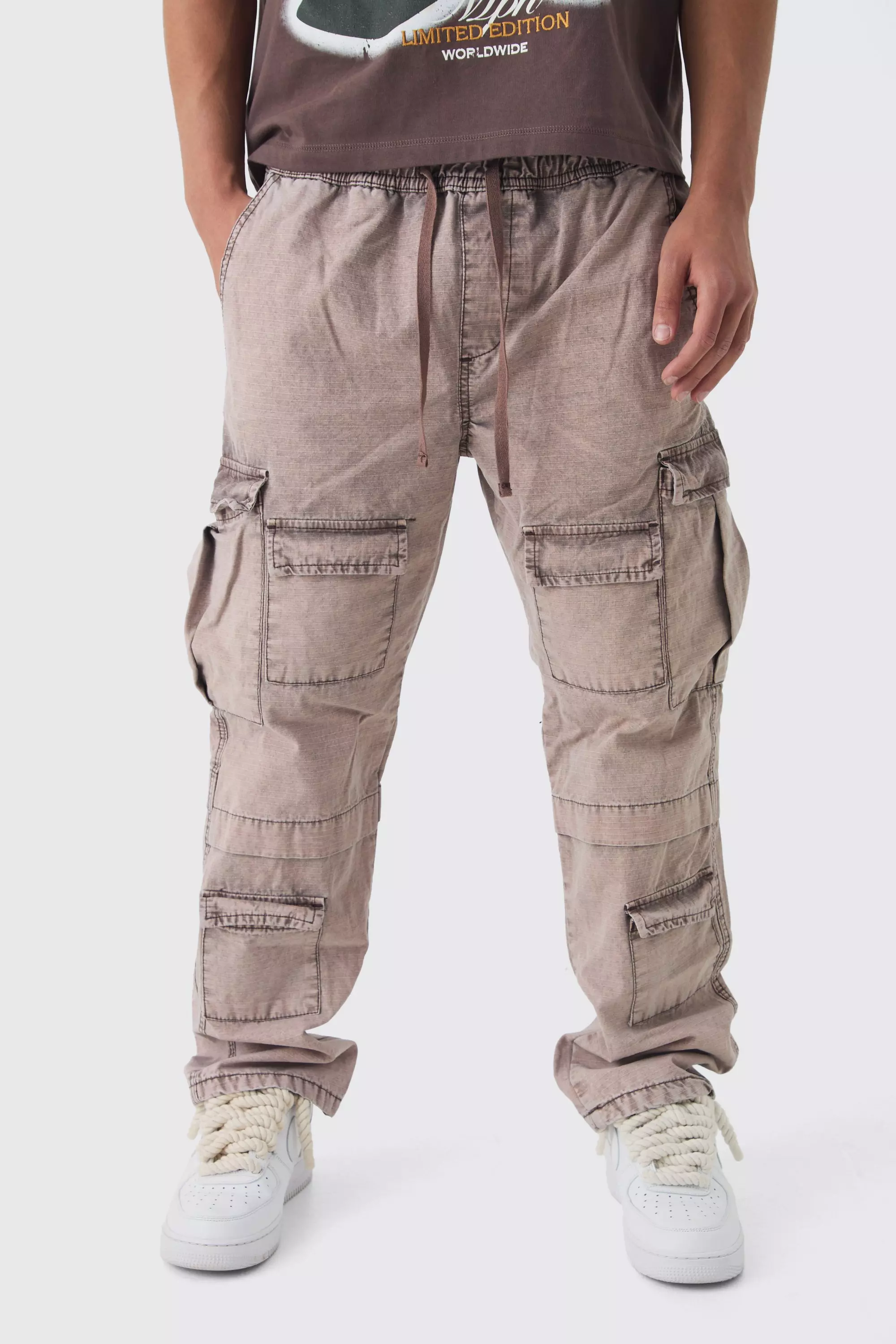 Chocolate Brown Elasticated Skate Fit Oil Wash Ripstop Cargo Pants