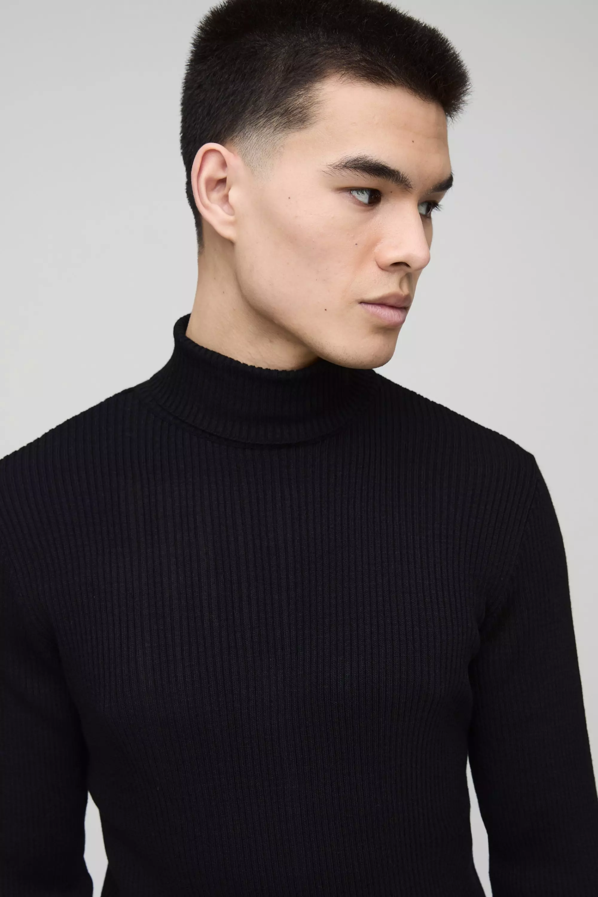 Muscle Fit Ribbed Knit Roll Neck Sweater In Black boohooMAN USA