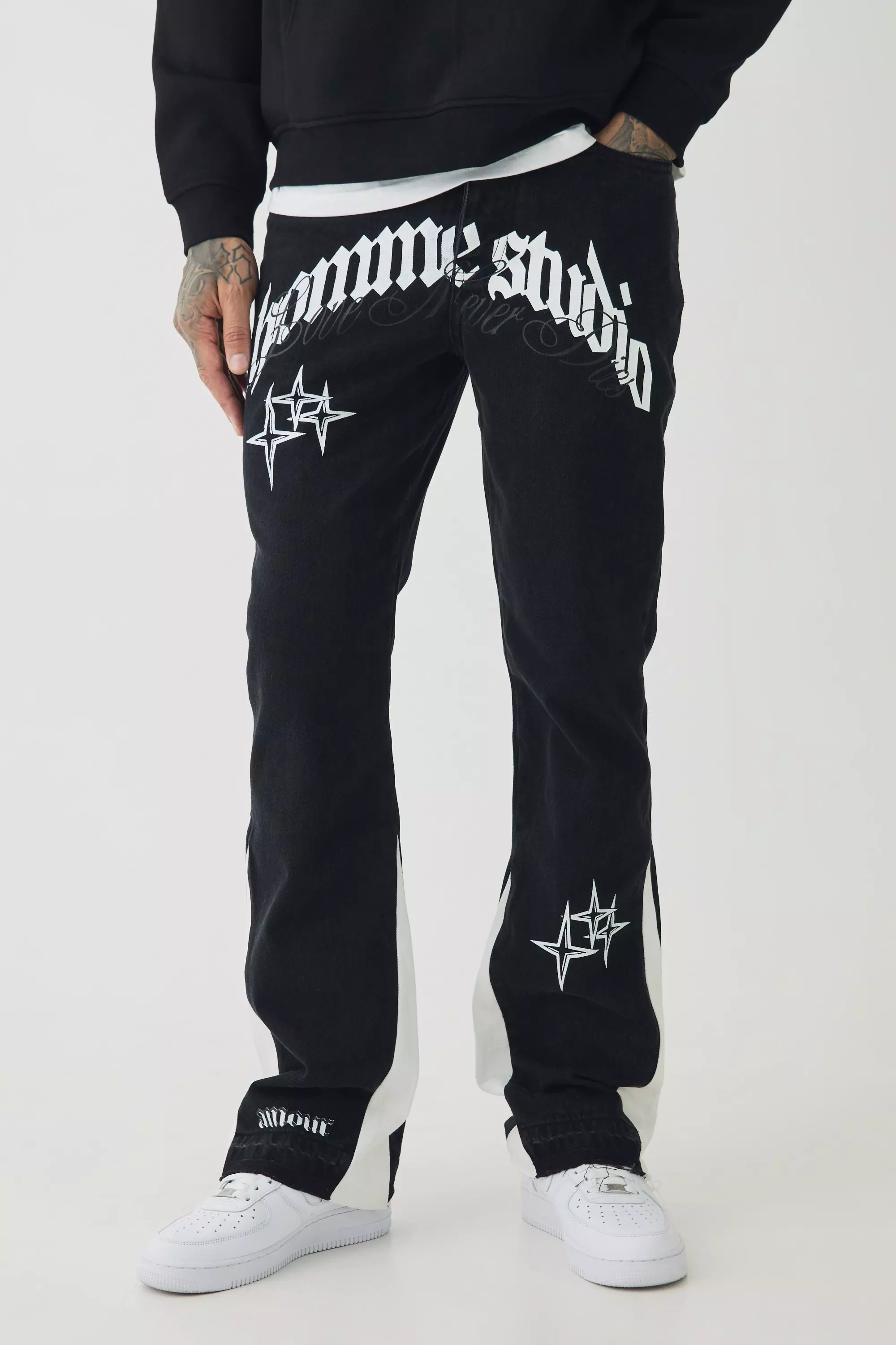 Tall Schlagjeans mit Applikation, Washed black alternatives Bild