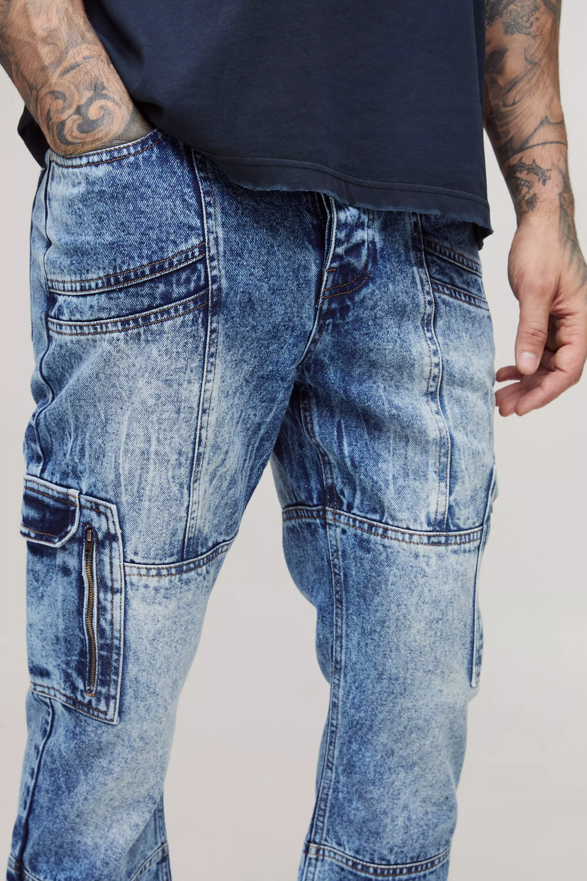 Tall Acid Wash Panel Cargo Flared Jeans | boohooMAN USA