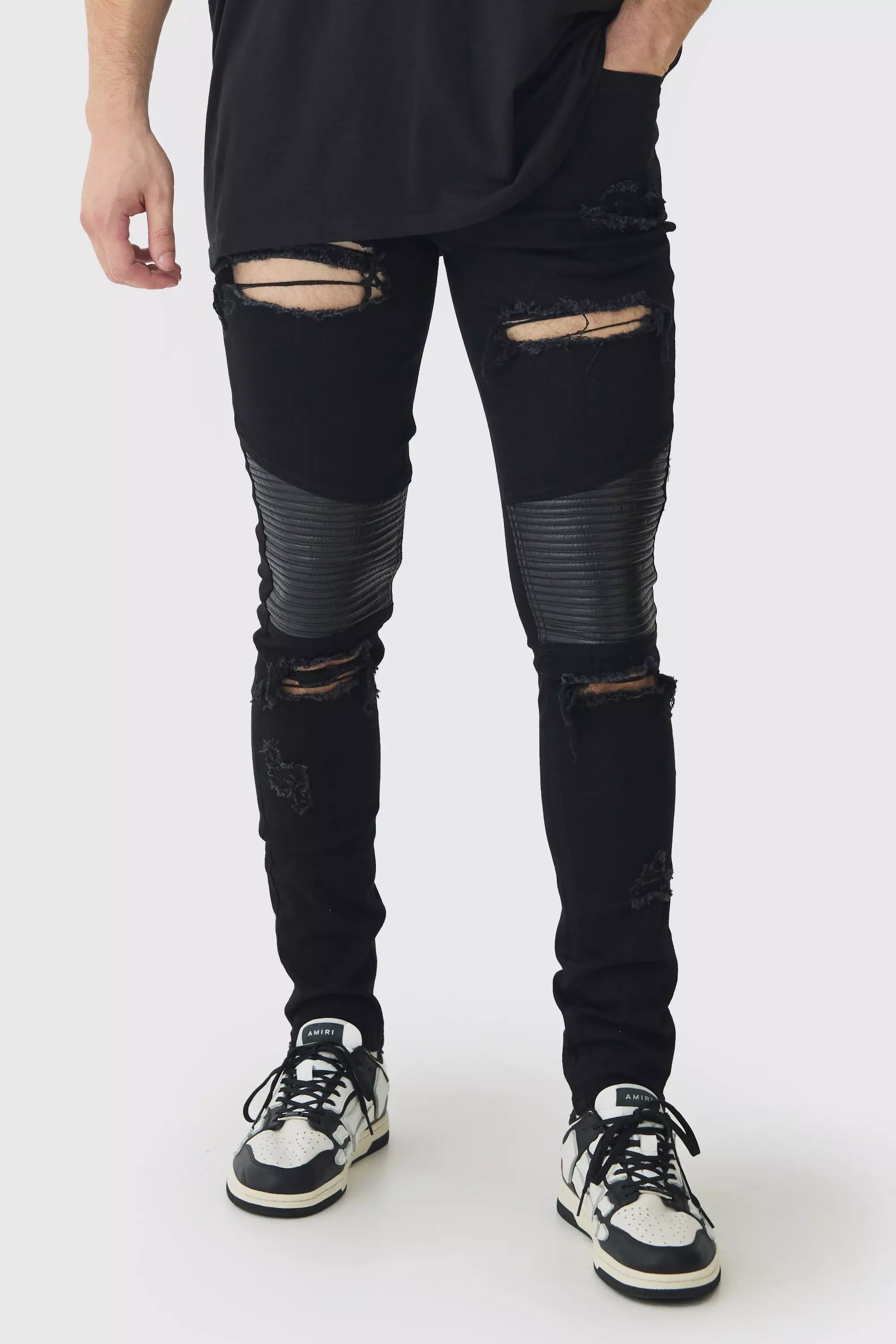 Black Tall Distressed Raw Hem Skinny Biker Jeans