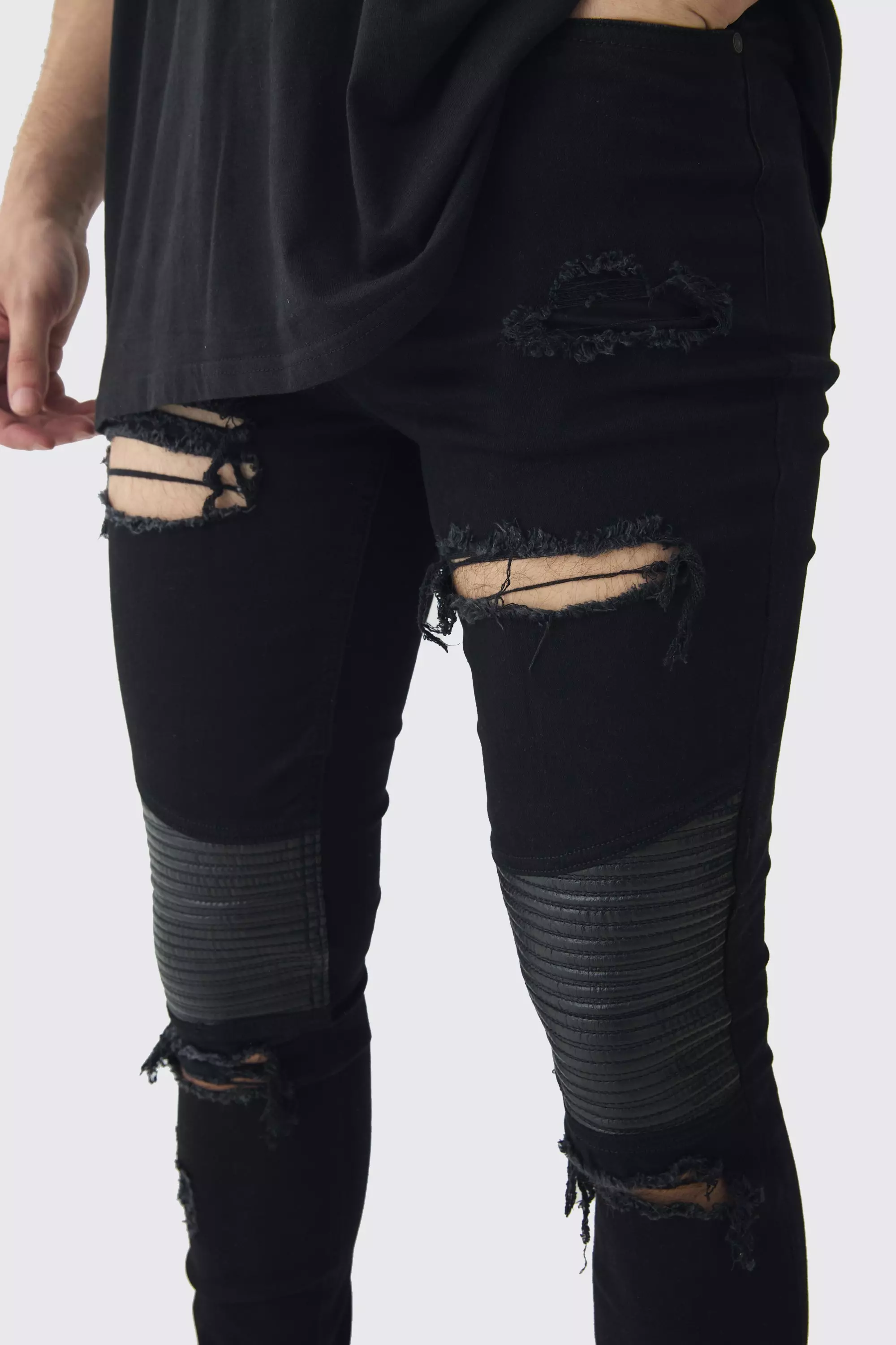 True black Tall Distressed Raw Hem Skinny Biker Jeans alternative image
