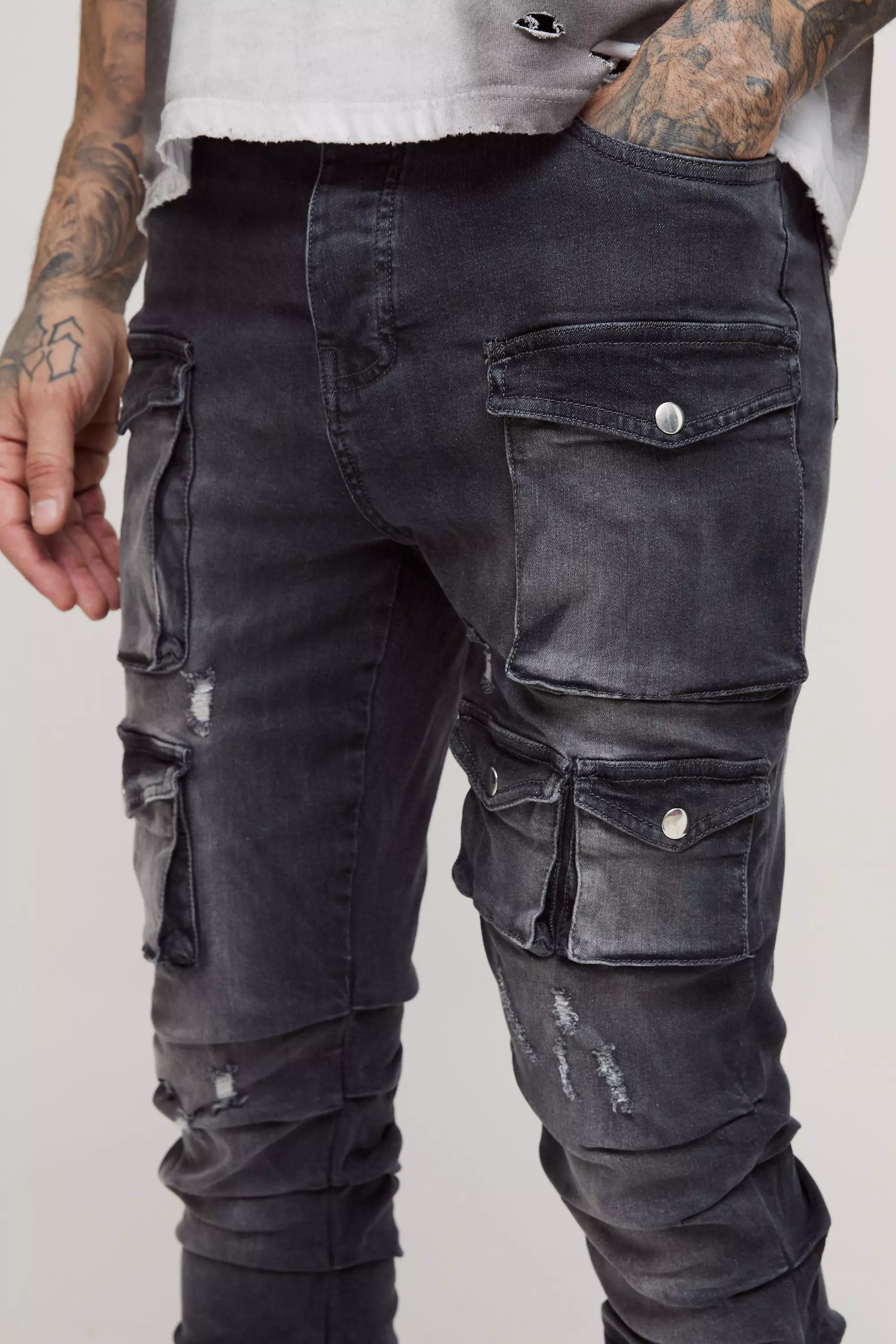 Tall Stacked Multi Cargo Pocket Flared Jeans | boohooMAN USA