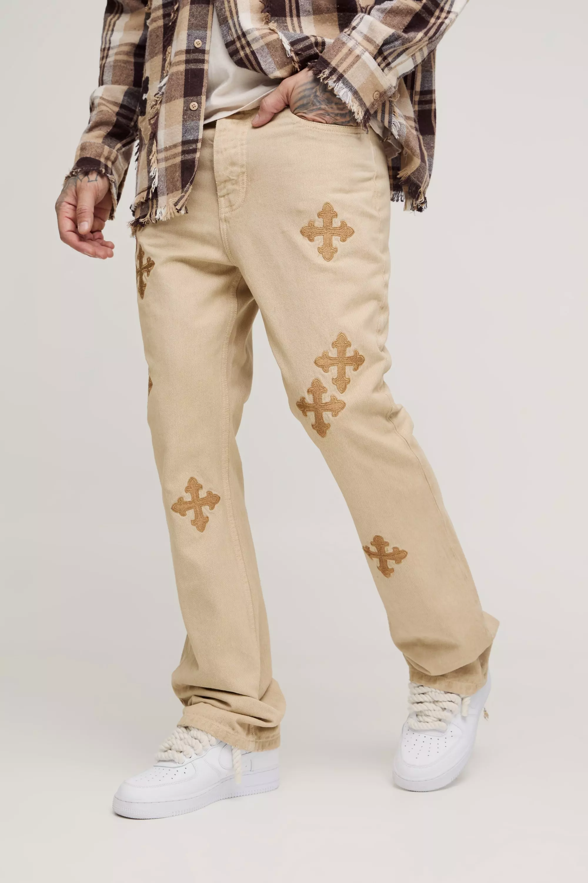 Stonewash Tall Cross Applique Gusset Detail Slim Flared Jeans alternative image