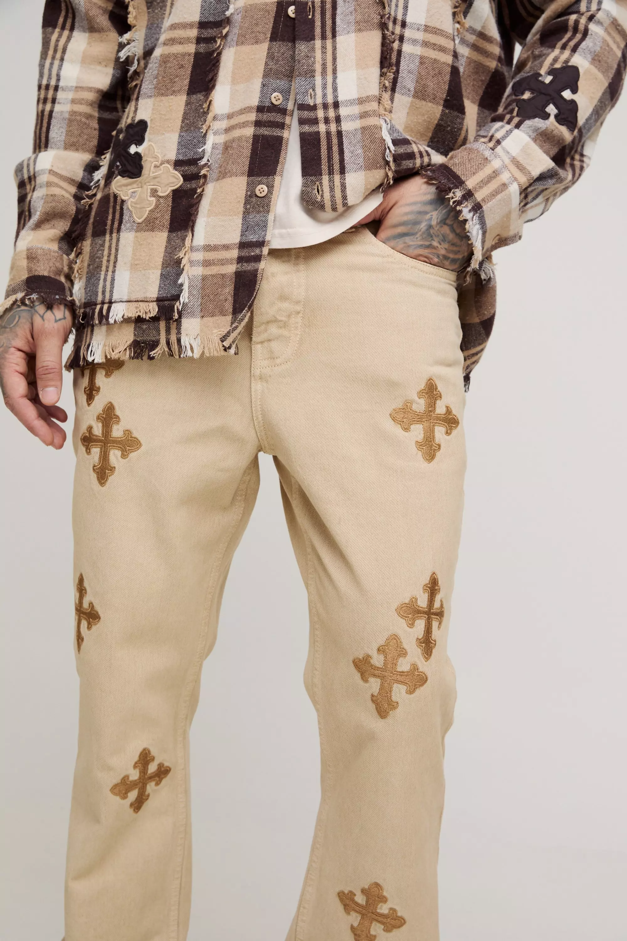 Stonewash Tall Cross Applique Gusset Detail Slim Flared Jeans alternative image