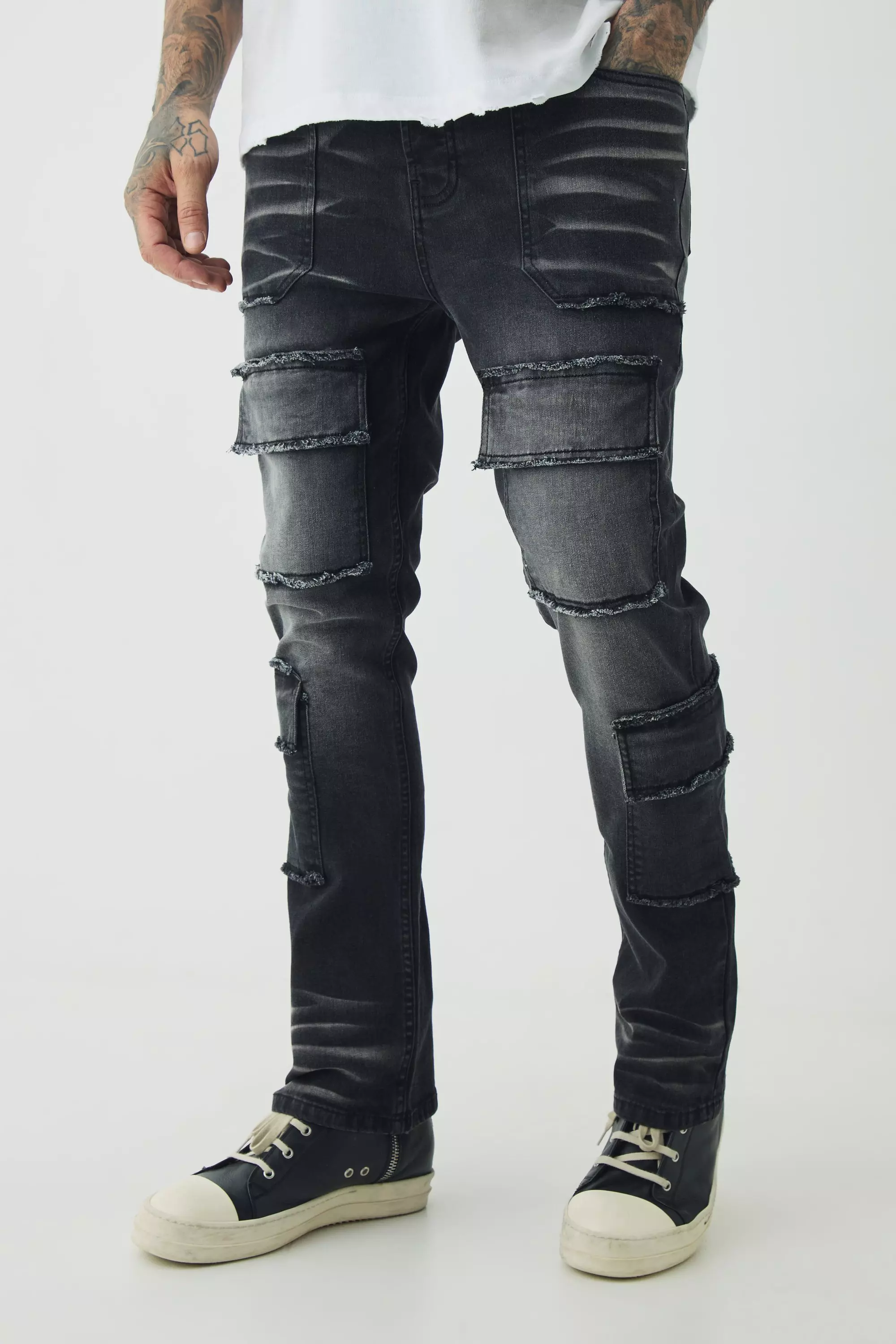 Black Tall Raw Seam Detail Stretch Skinny Cargo Flared Jeans