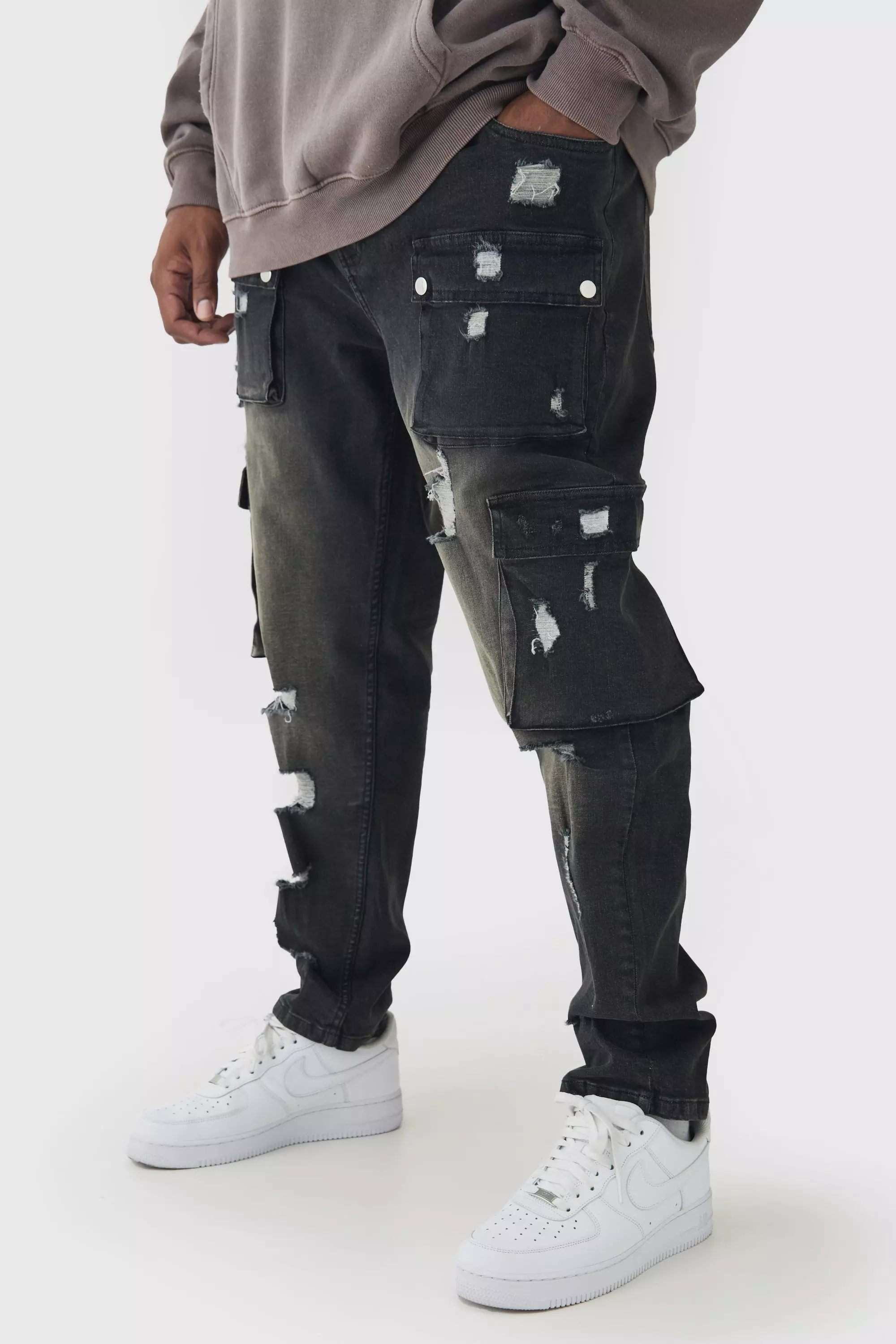 Grande taille - Jean cargo déchiré, Washed black autre image