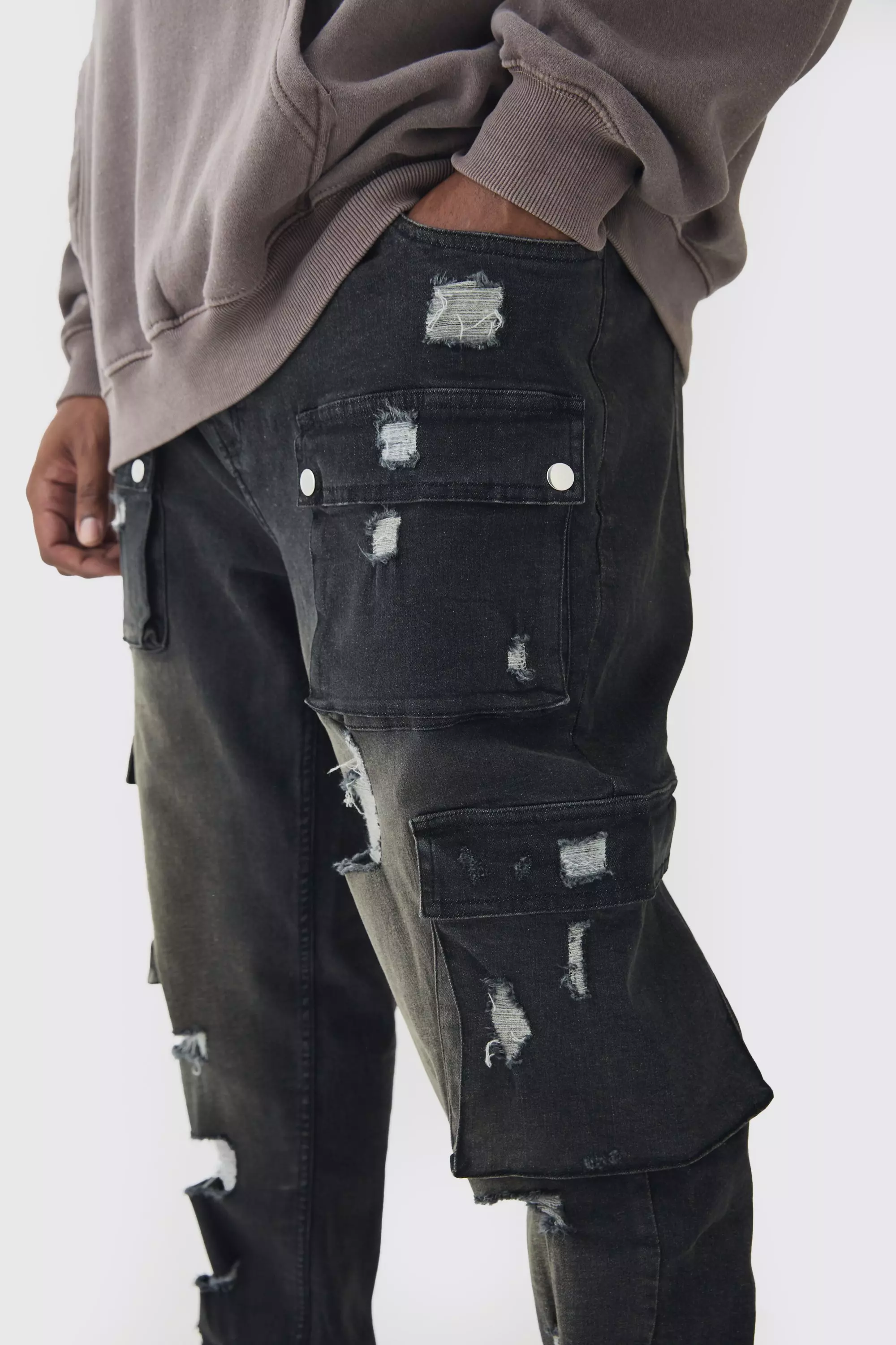 Grande taille - Jean cargo déchiré, Washed black autre image
