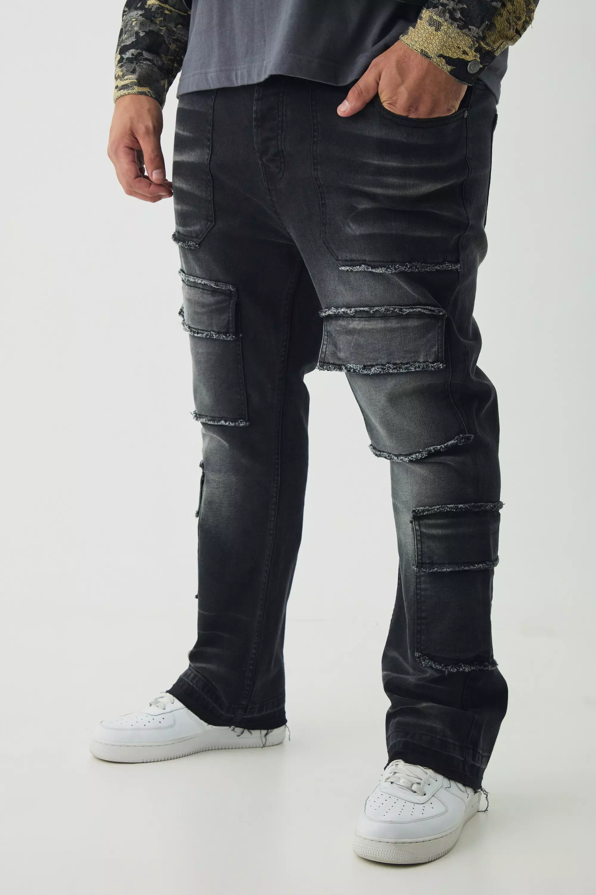 Black Plus Raw Seam Detail Stretch Skinny Cargo Flared Jeans