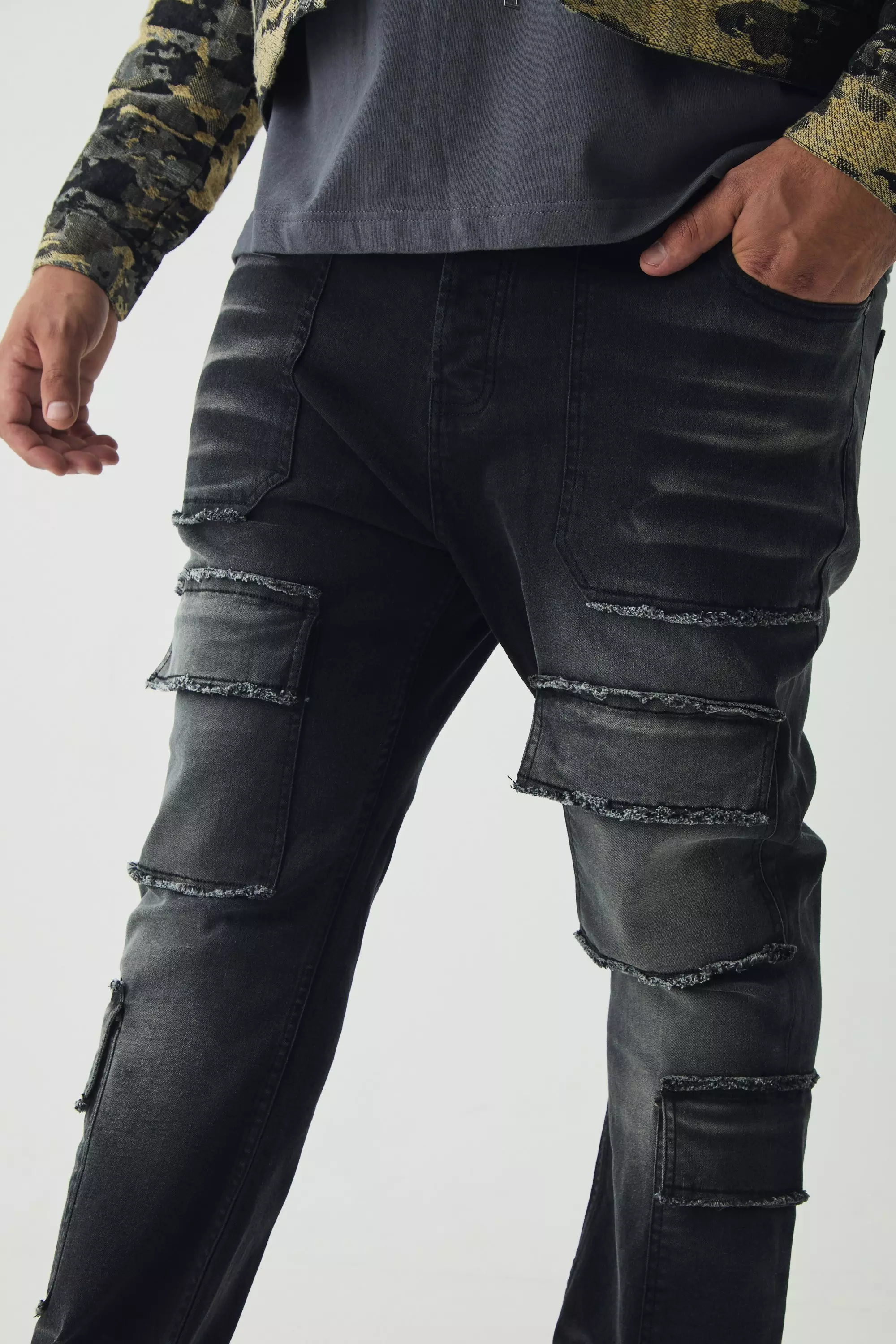 Plus Ripped Gusset Detail Stretch Skinny Flared Jeans | boohooMAN