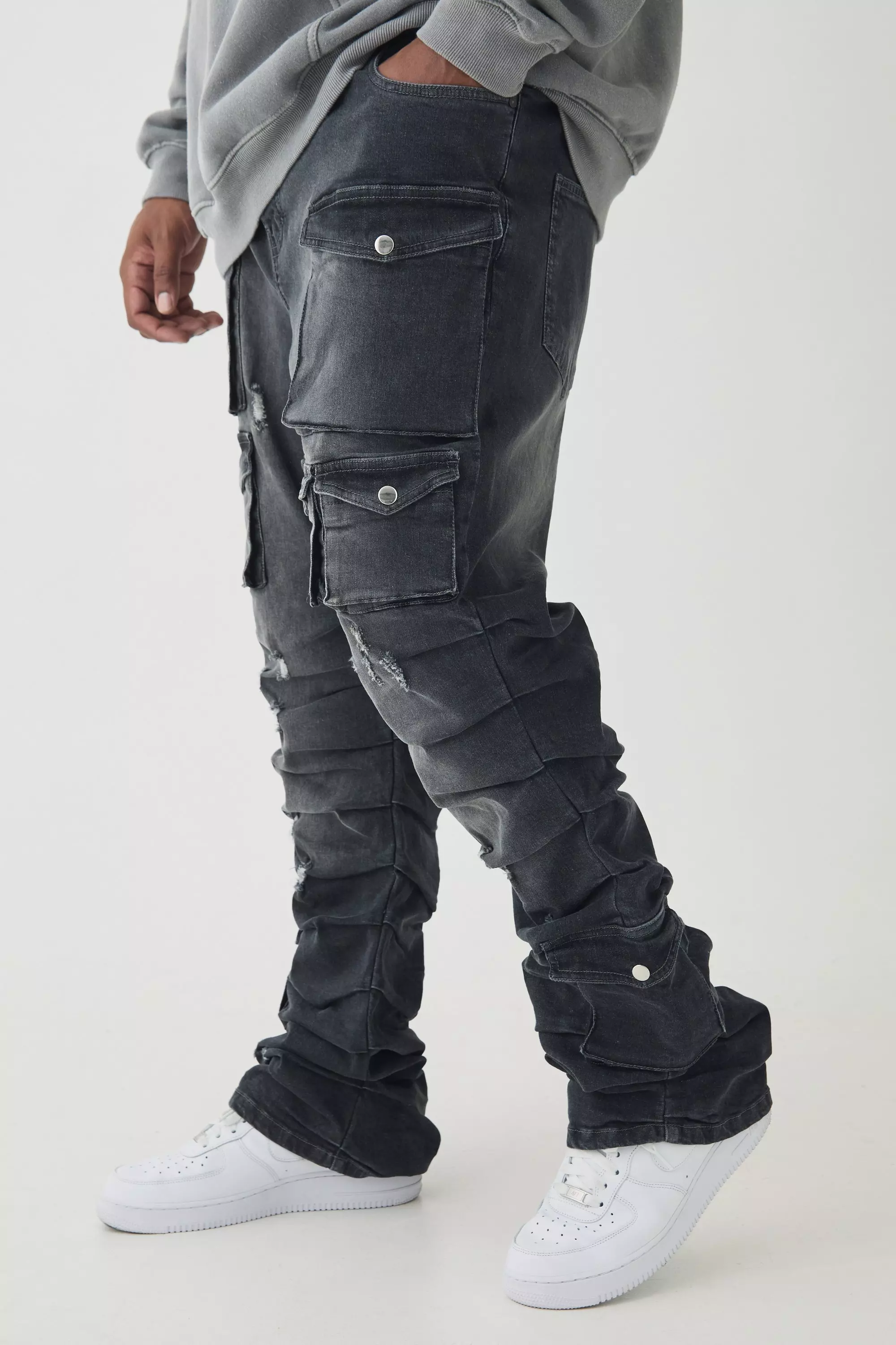 Plus Stacked Multi Cargo Pocket Flared Jeans | boohooMAN USA