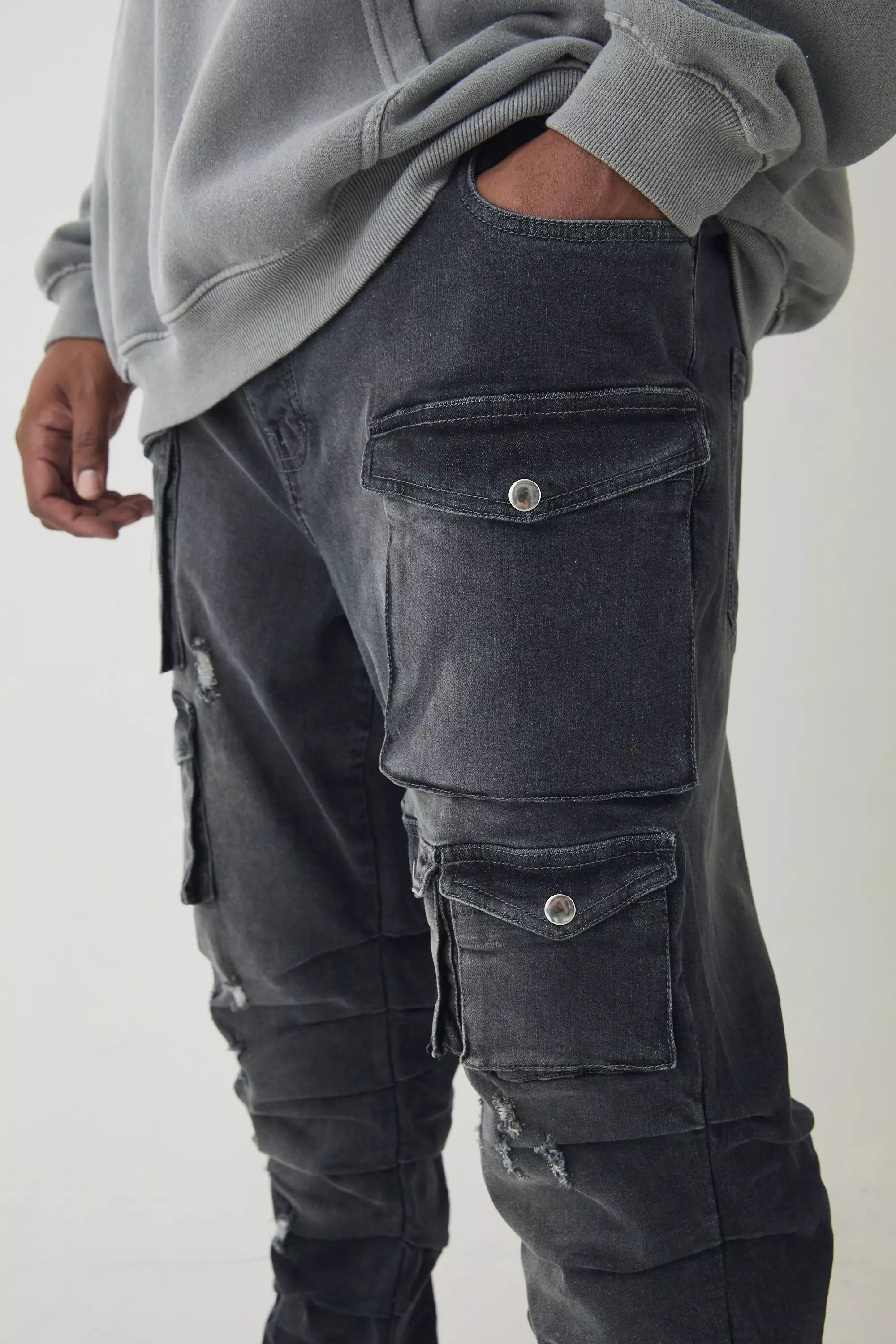 Plus Stacked Multi Cargo Pocket Flared Jeans | boohooMAN USA