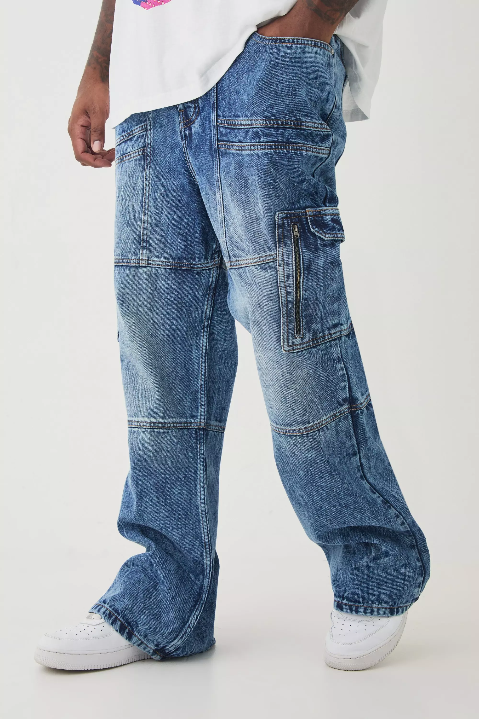 Antique wash Plus Acid Wash Panel Cargo Flared Jeans alternative image