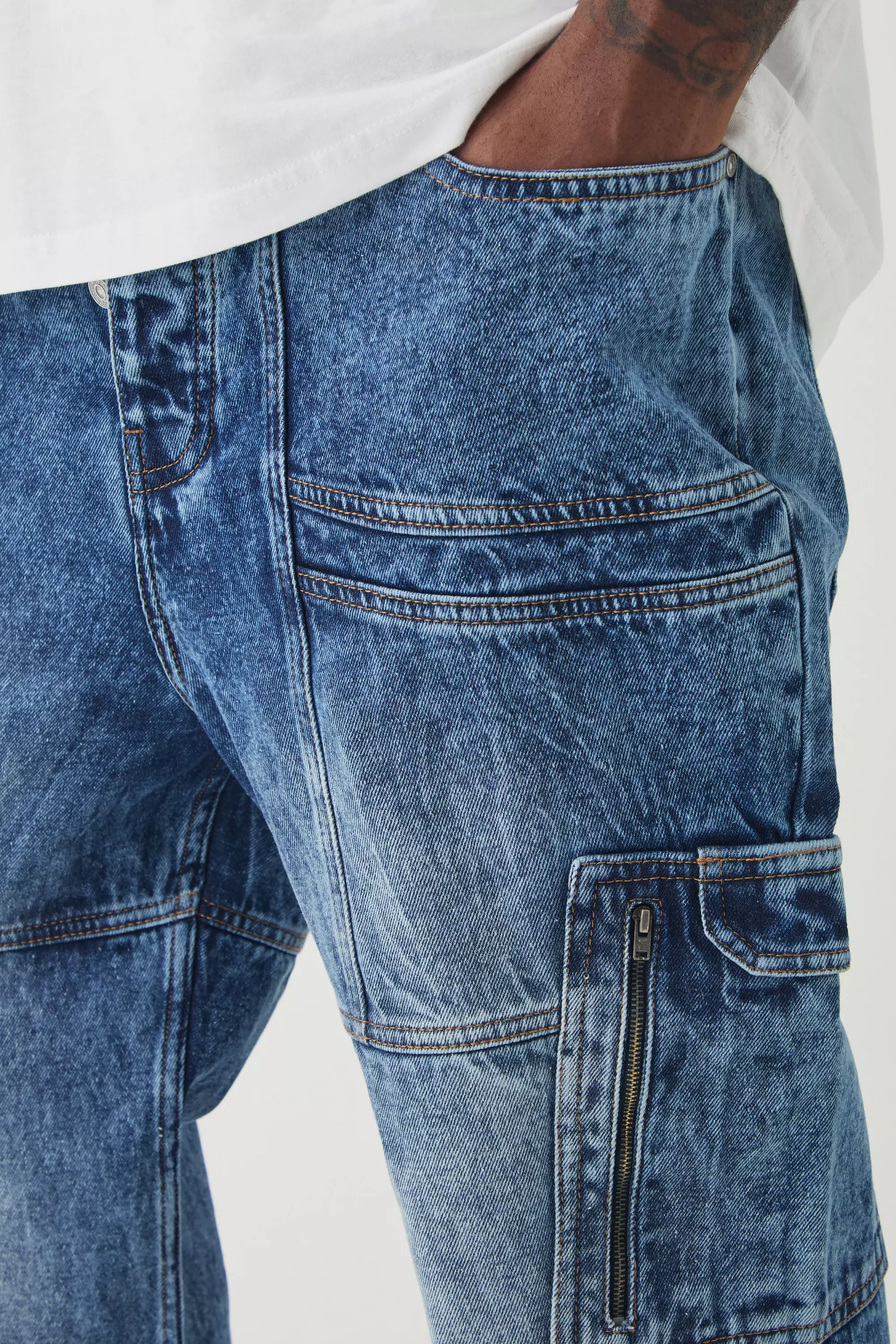 Antique wash Plus Acid Wash Panel Cargo Flared Jeans alternative image