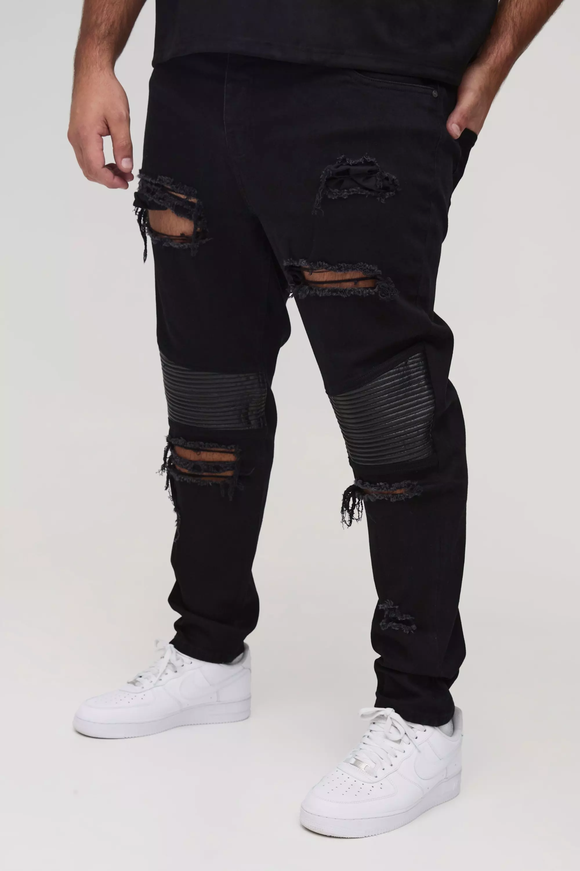 Black Plus Distressed Raw Hem Skinny Biker Jeans