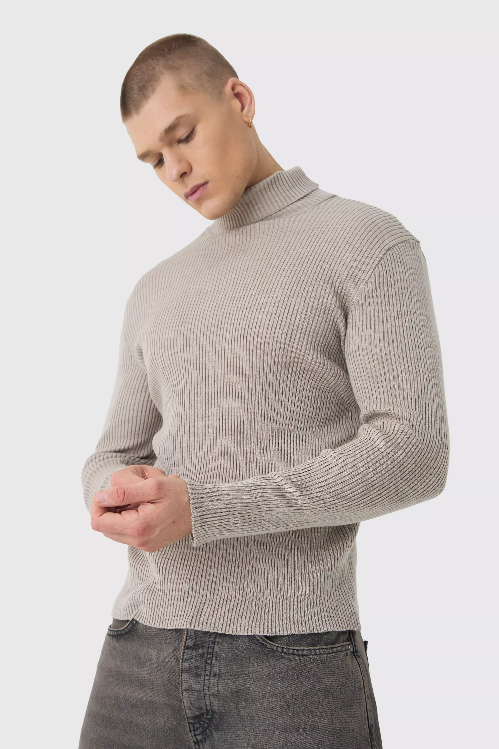 Muscle Fit Ribbed Knit Roll Neck Jumper In Stone boohooMAN AU