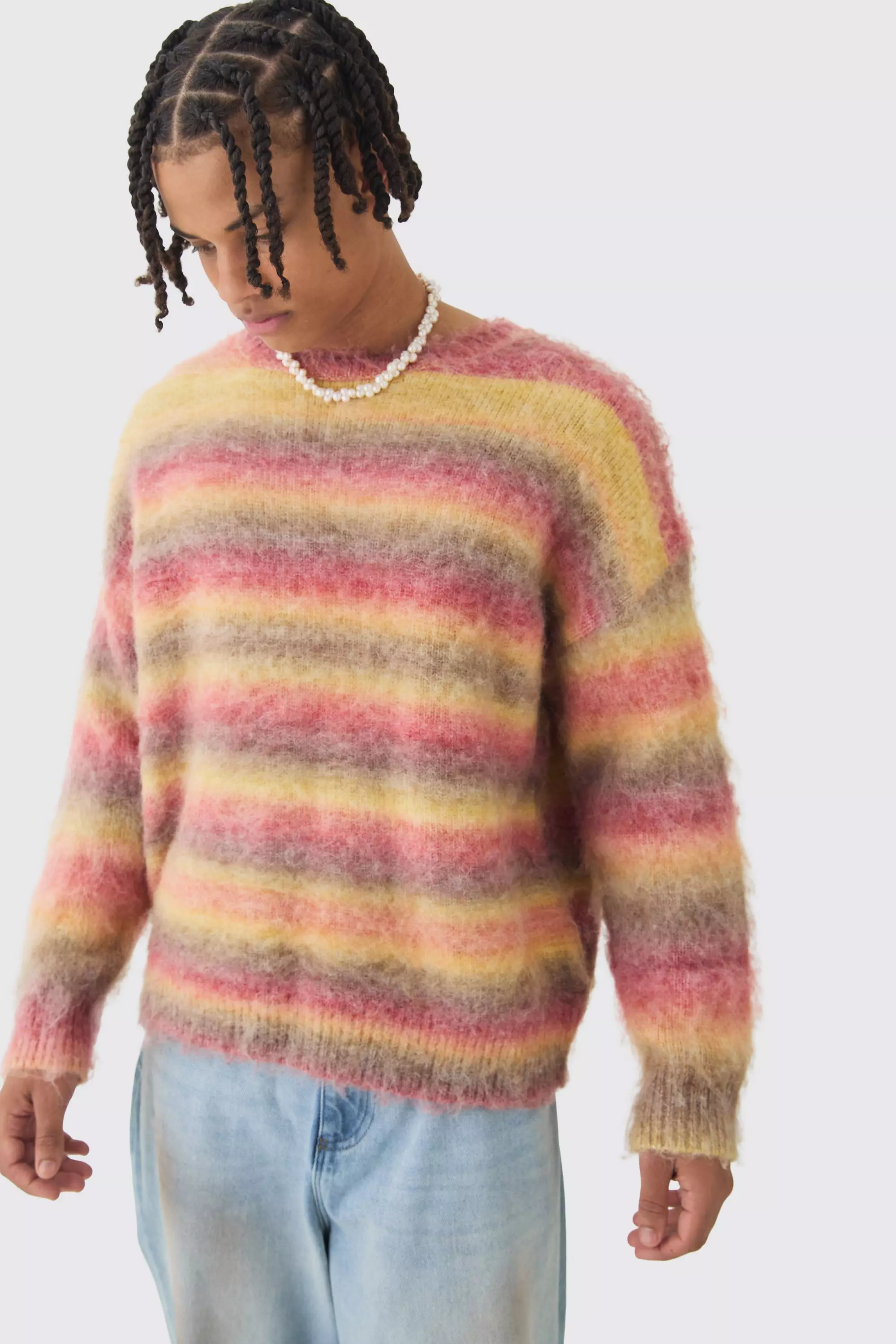 Oversized Boxy Brushed Stripe Knitted Jumper Red