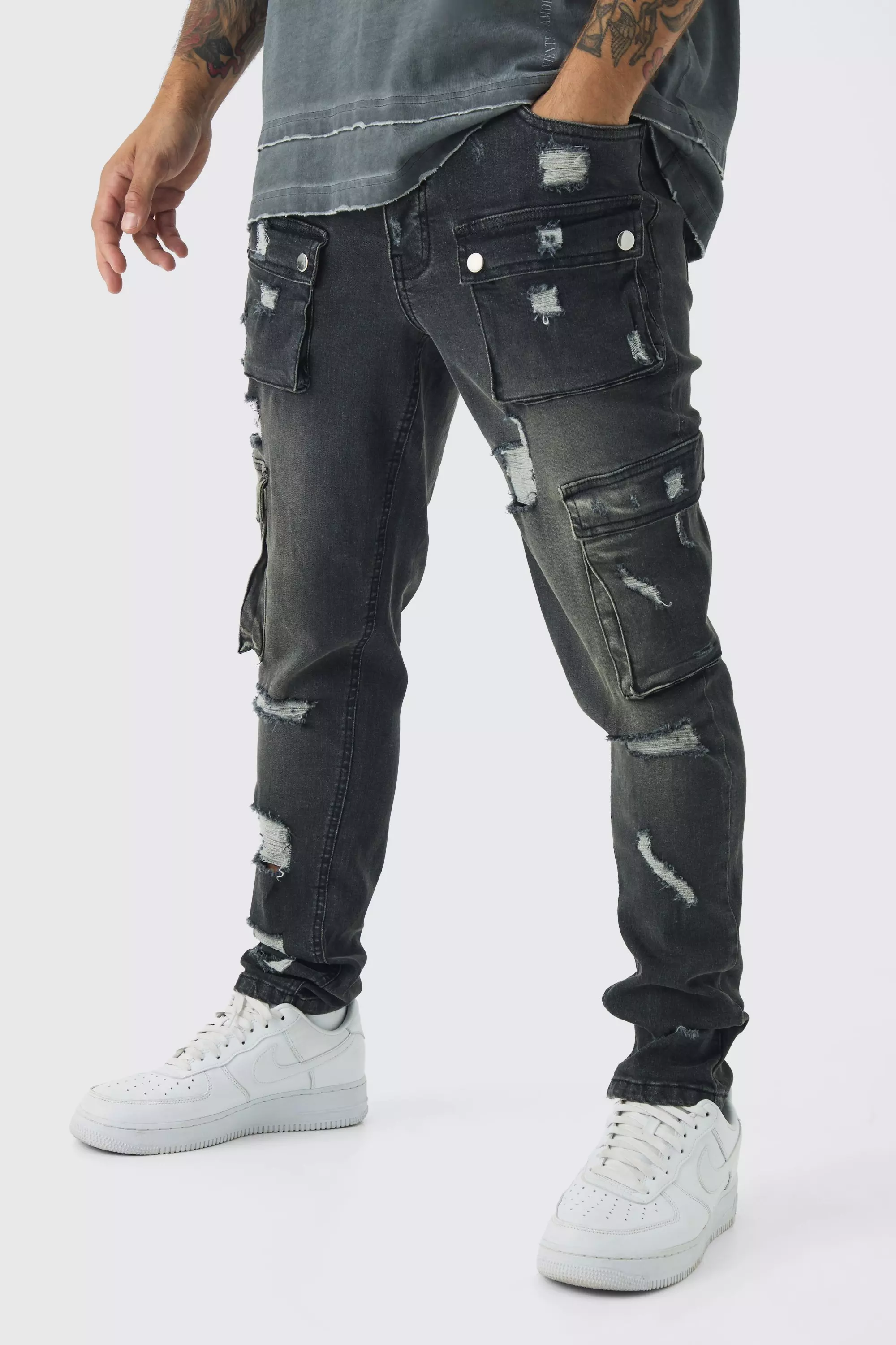 Black Skinny Fit Ripped Cargo Jeans