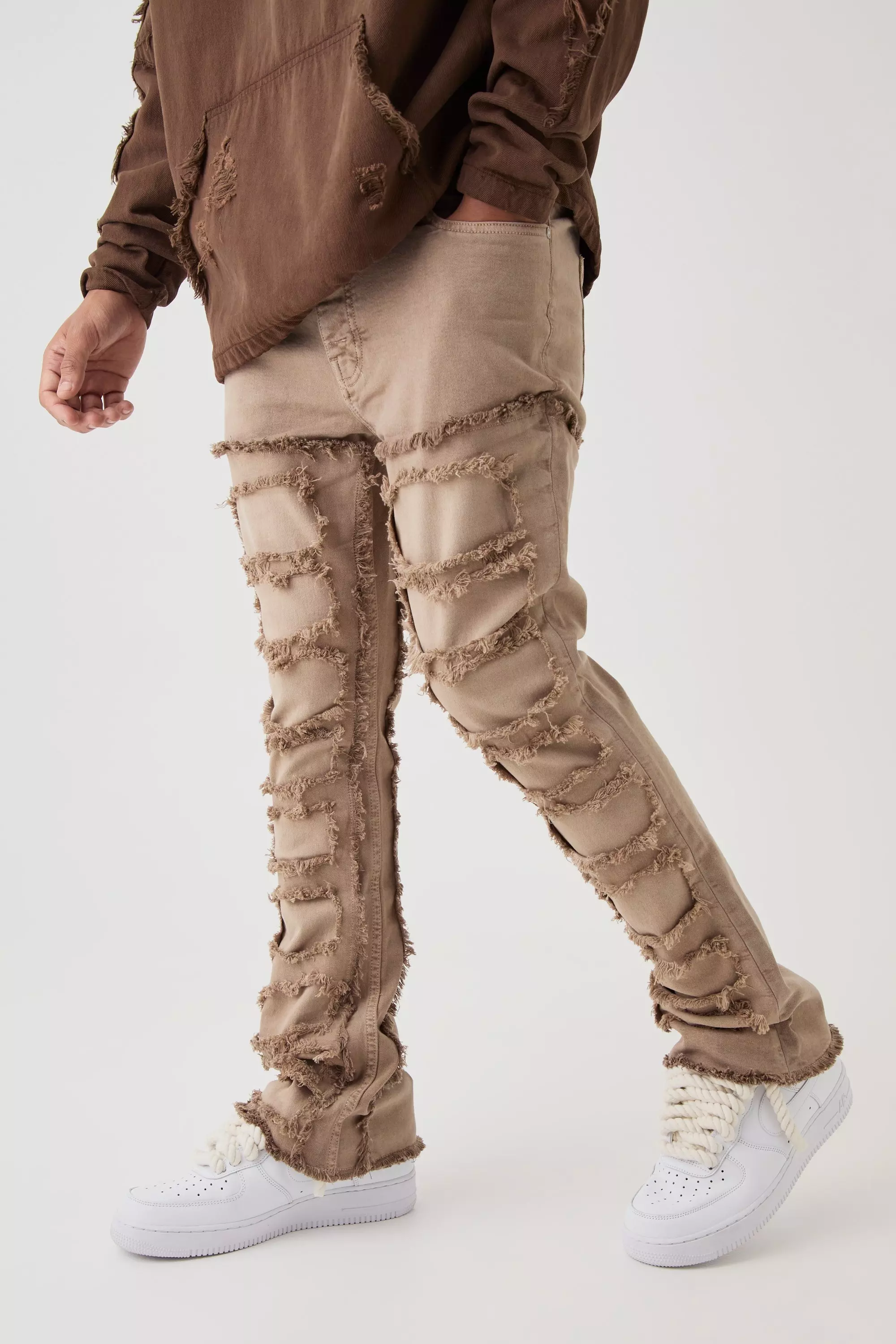 Taupe Beige Raw Seam Detail Stretch Skinny Flared Jeans