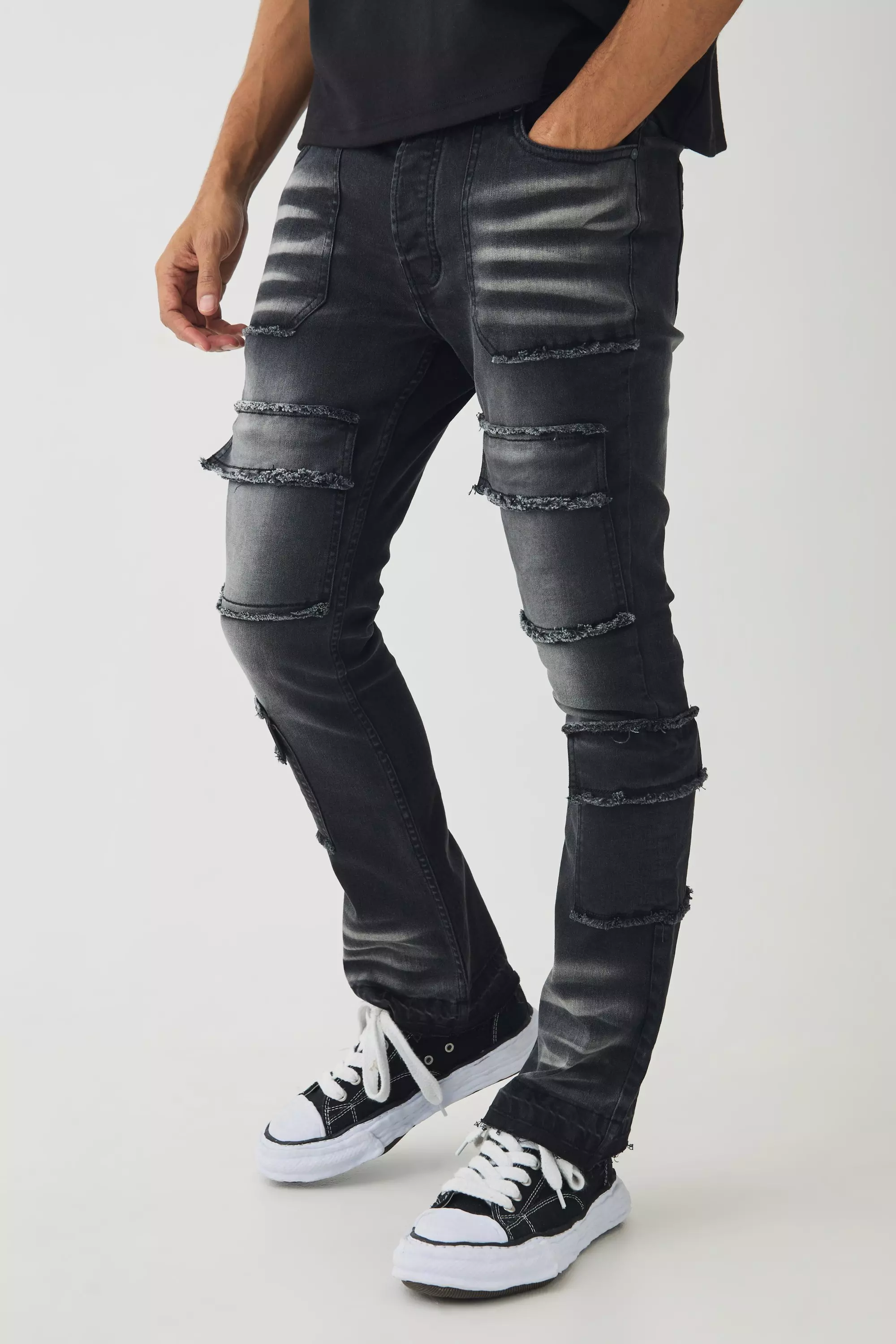 Raw Seam Detail Stretch Skinny Cargo Flared Jeans Washed black