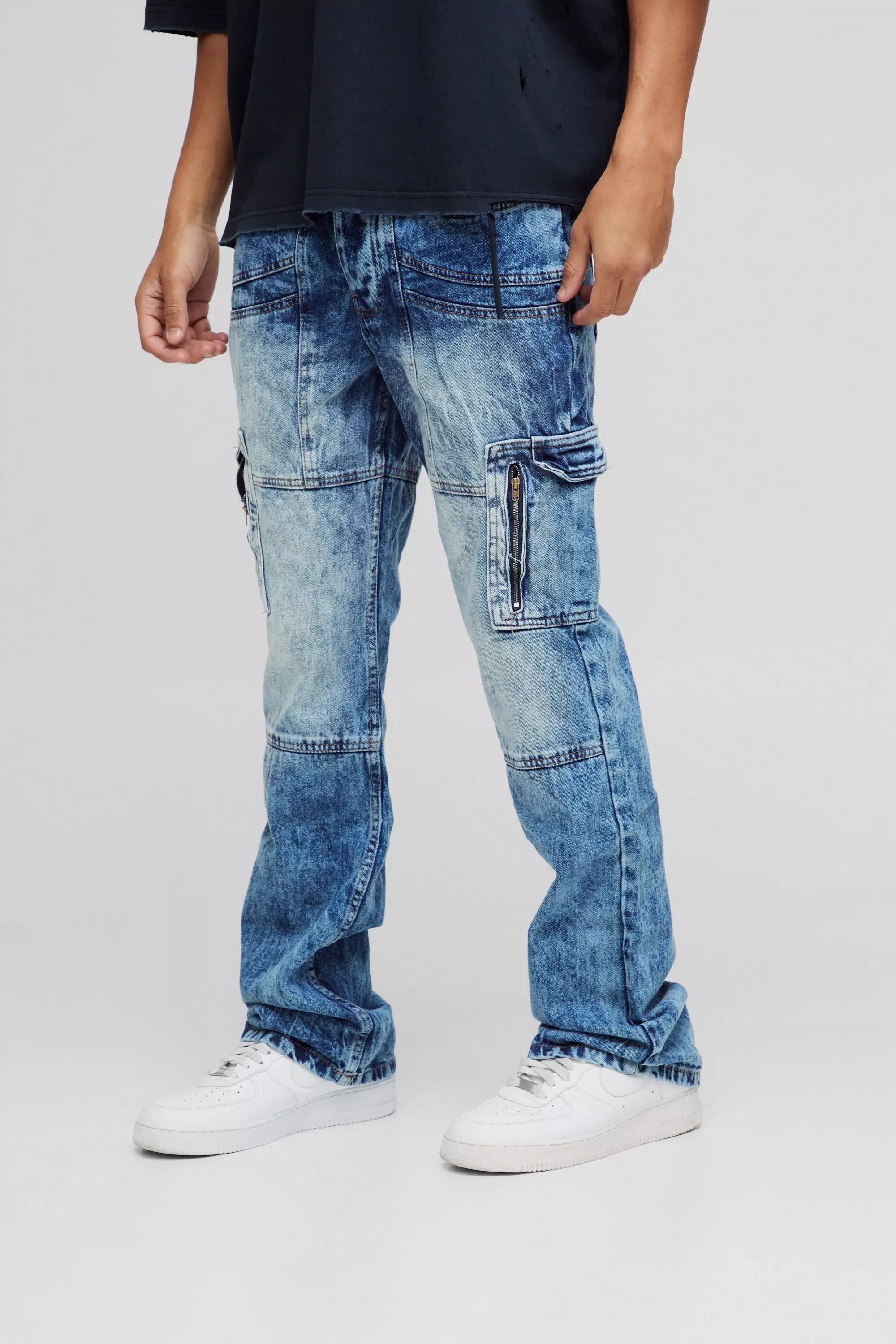 Slim Flared Acid Wash Panel Cargo Jeans Antique blue