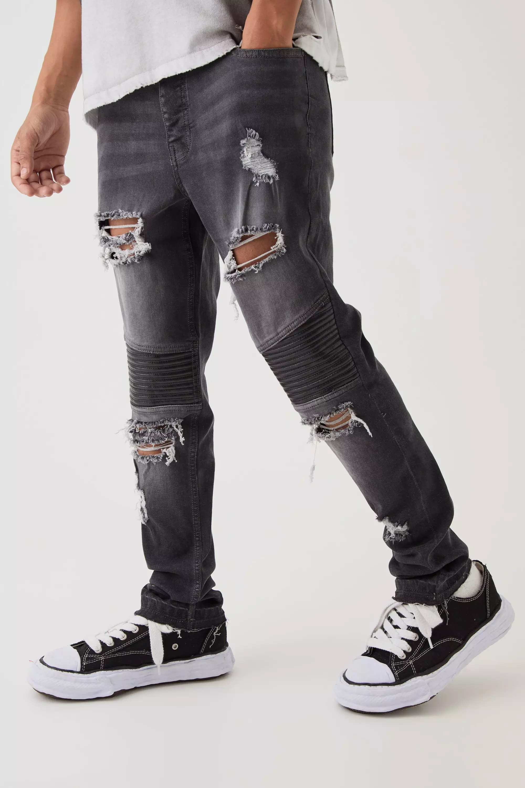 Skinny Distressed Raw Hem Biker Jeans Charcoal