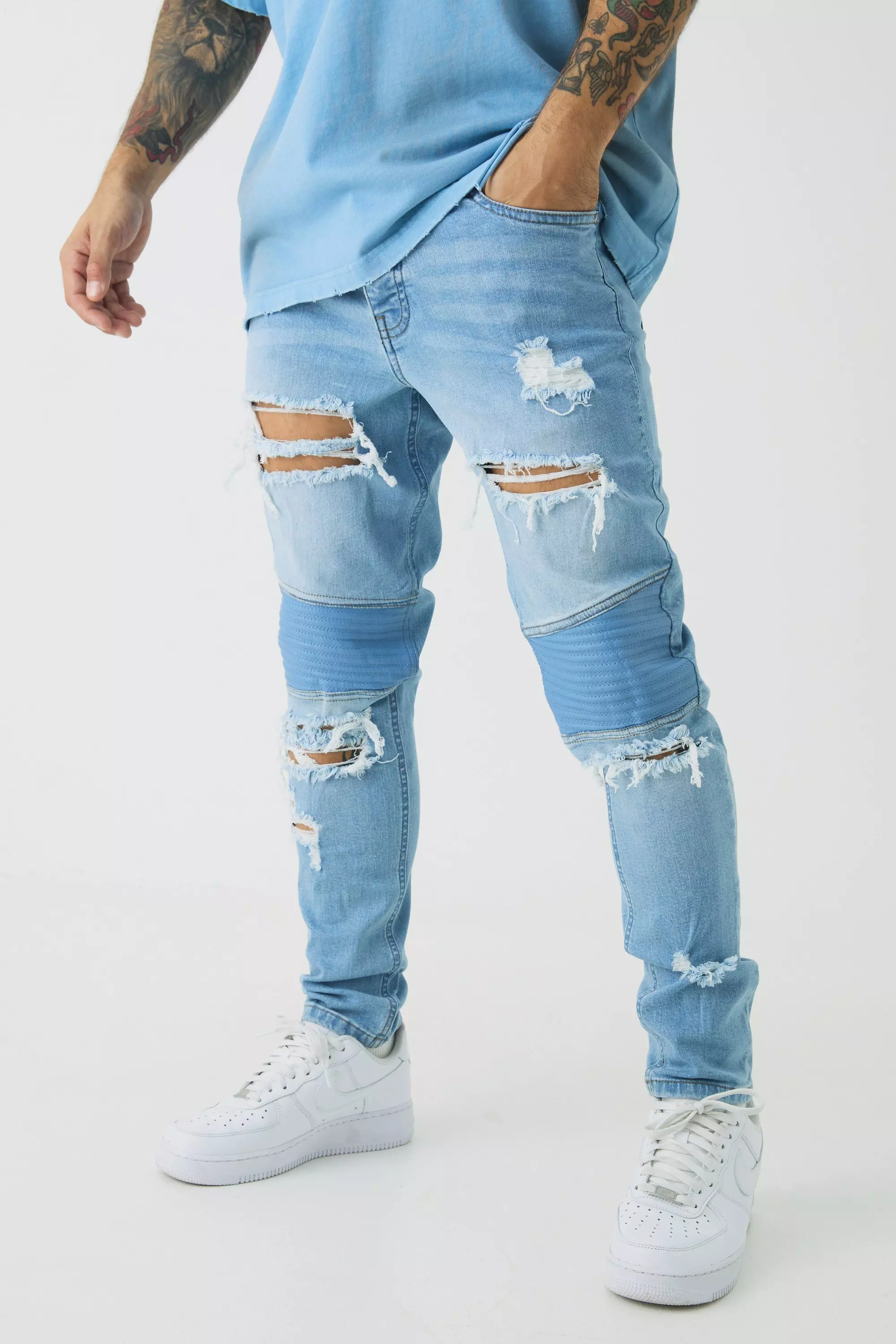 Skinny Distressed Raw Hem Biker Jeans Light blue