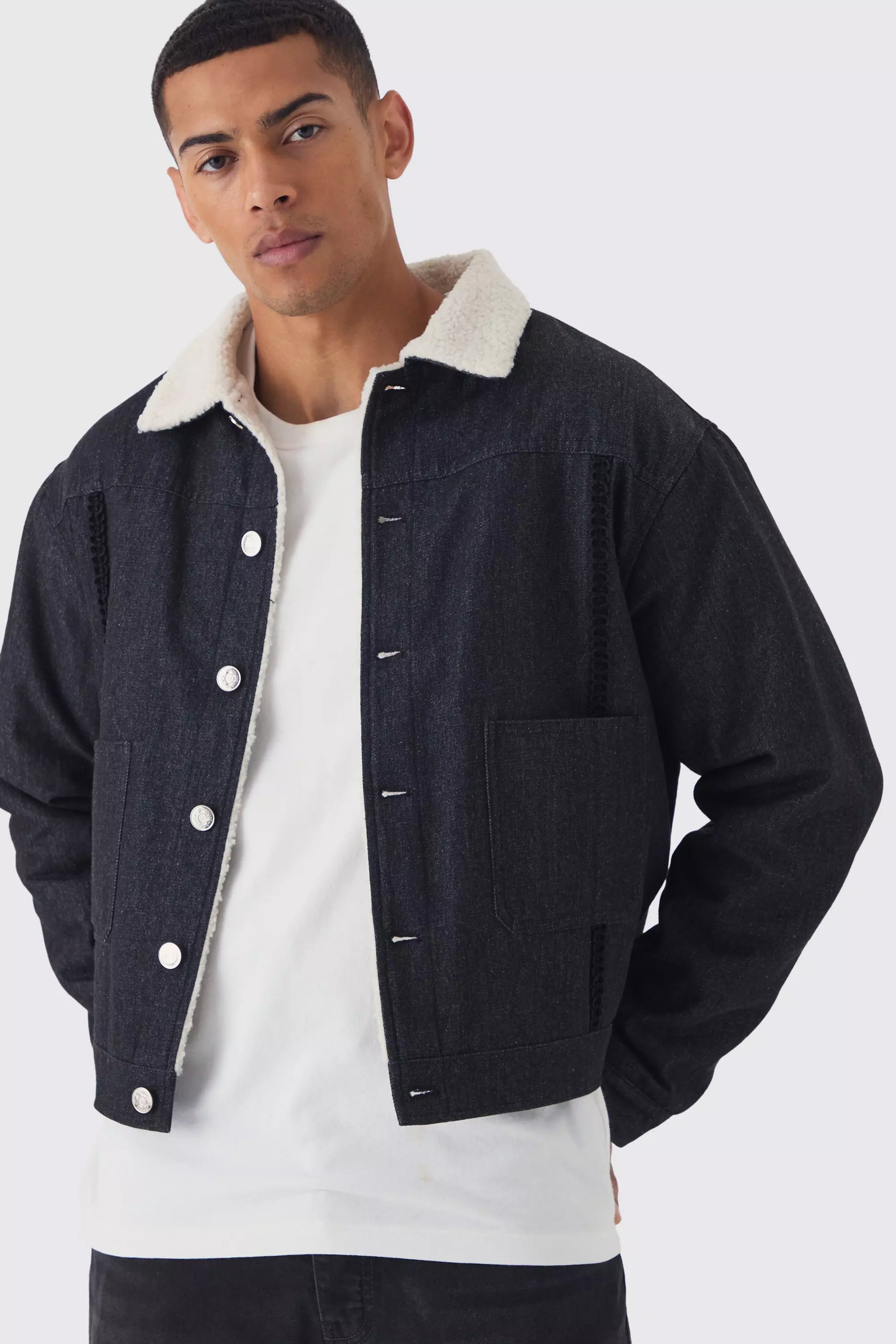 Relaxed Cropped Borg Lined Aviator Denim Jacket Washed black