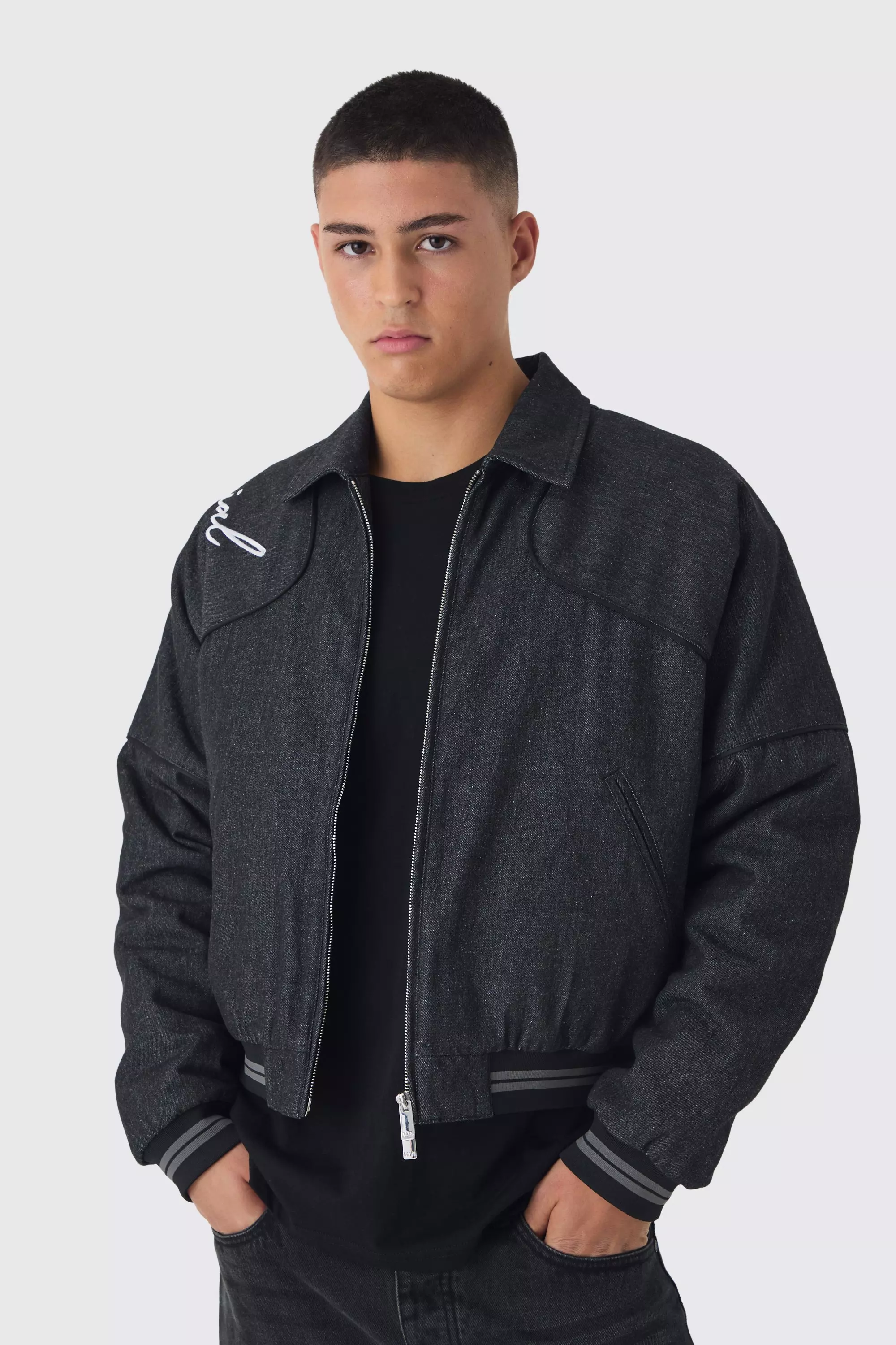 Boxy Denim Embroidered Varsity Bomber Jacket Washed black