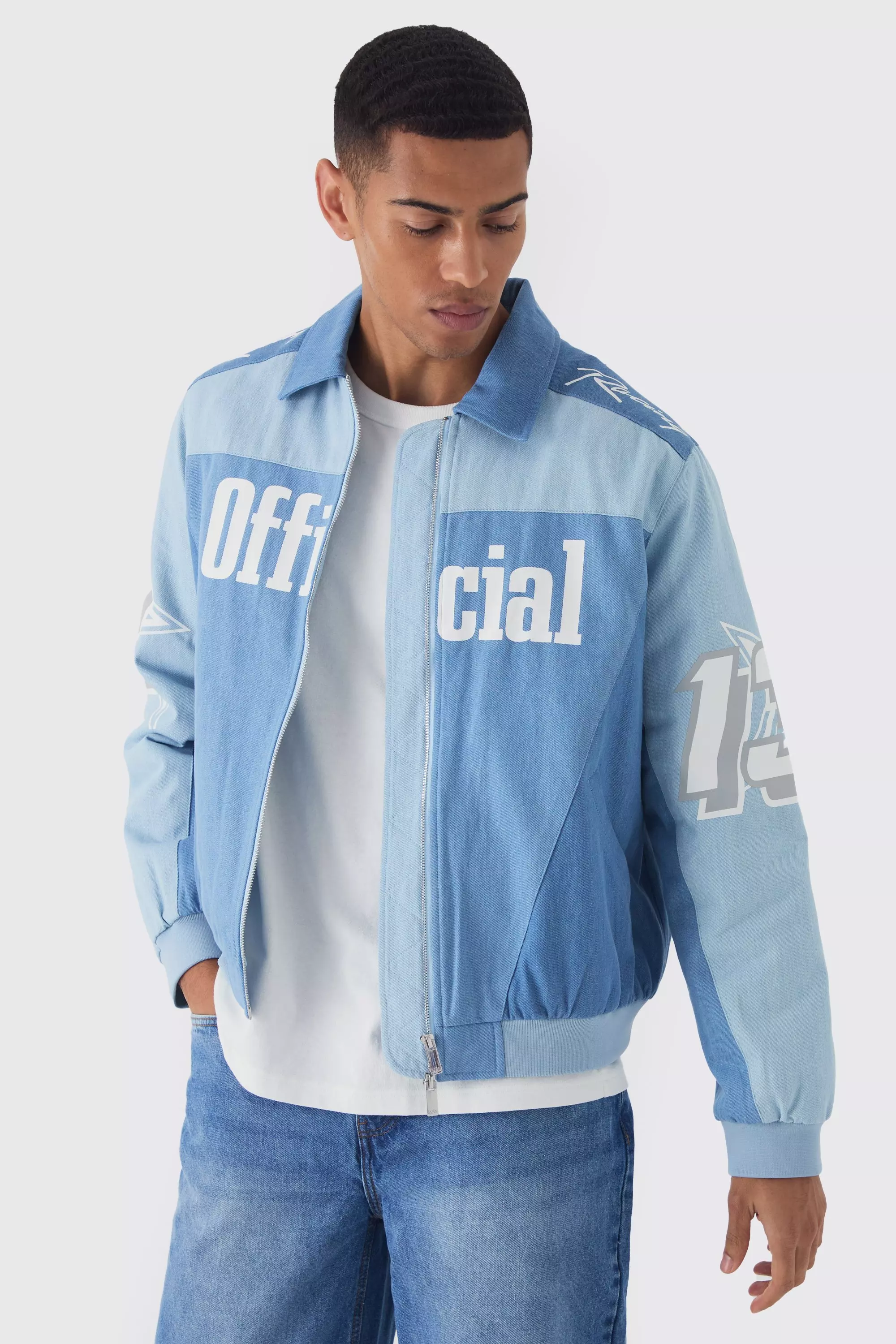 Oversized Denim Moto Official Bomber Jacket Light blue