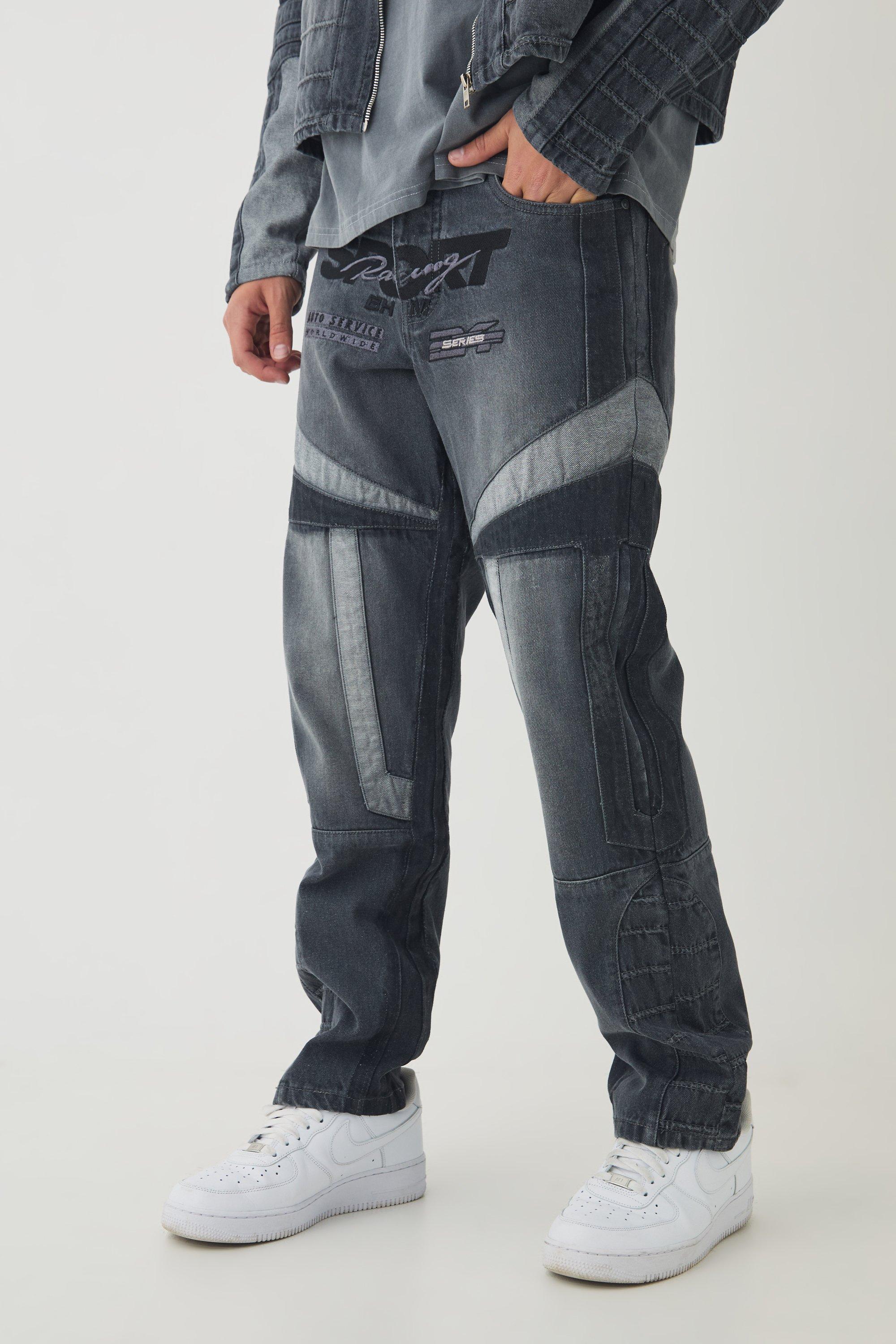 Grey Straight Leg Moto Applique Jeans