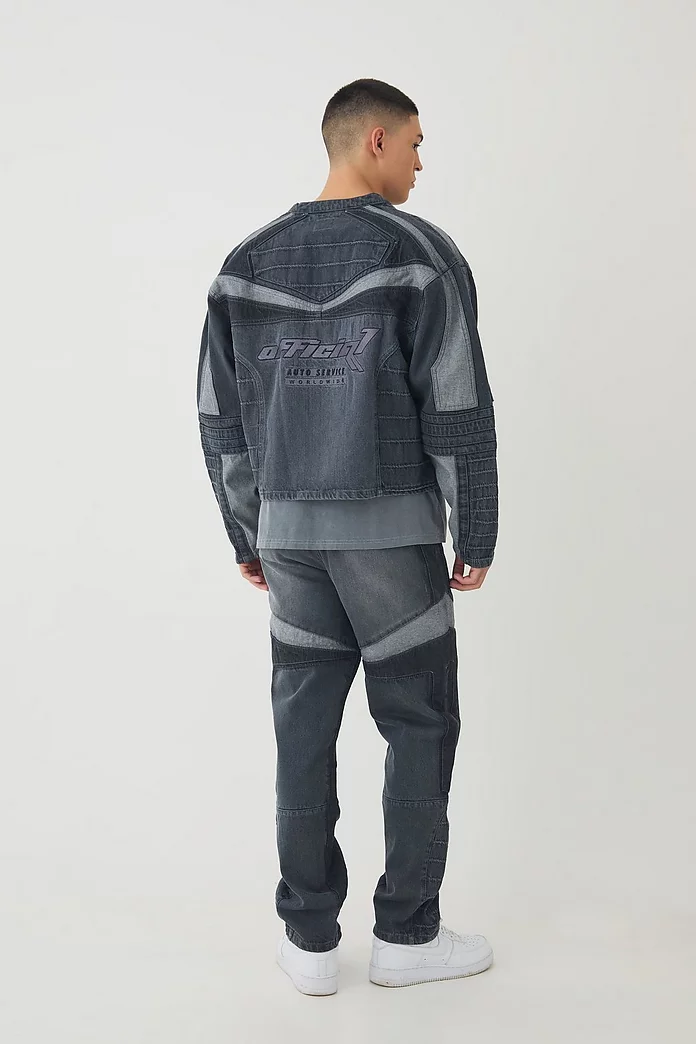Straight Leg Moto Applique Jeans | boohooMAN USA Straight Leg Moto Applique Jeans | boohooMAN USA
