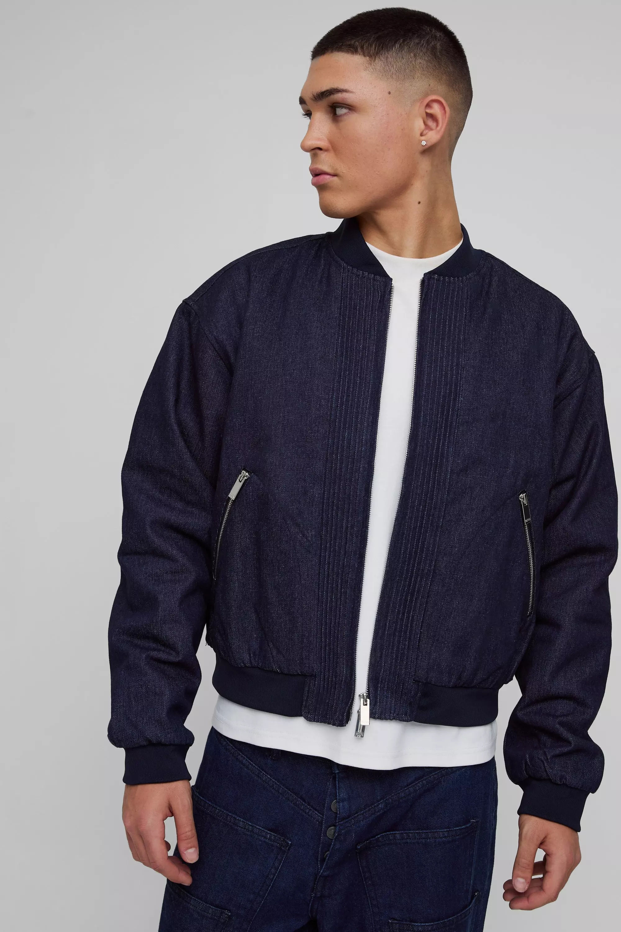 Boxy Denim Padded Bomber Jacket Indigo