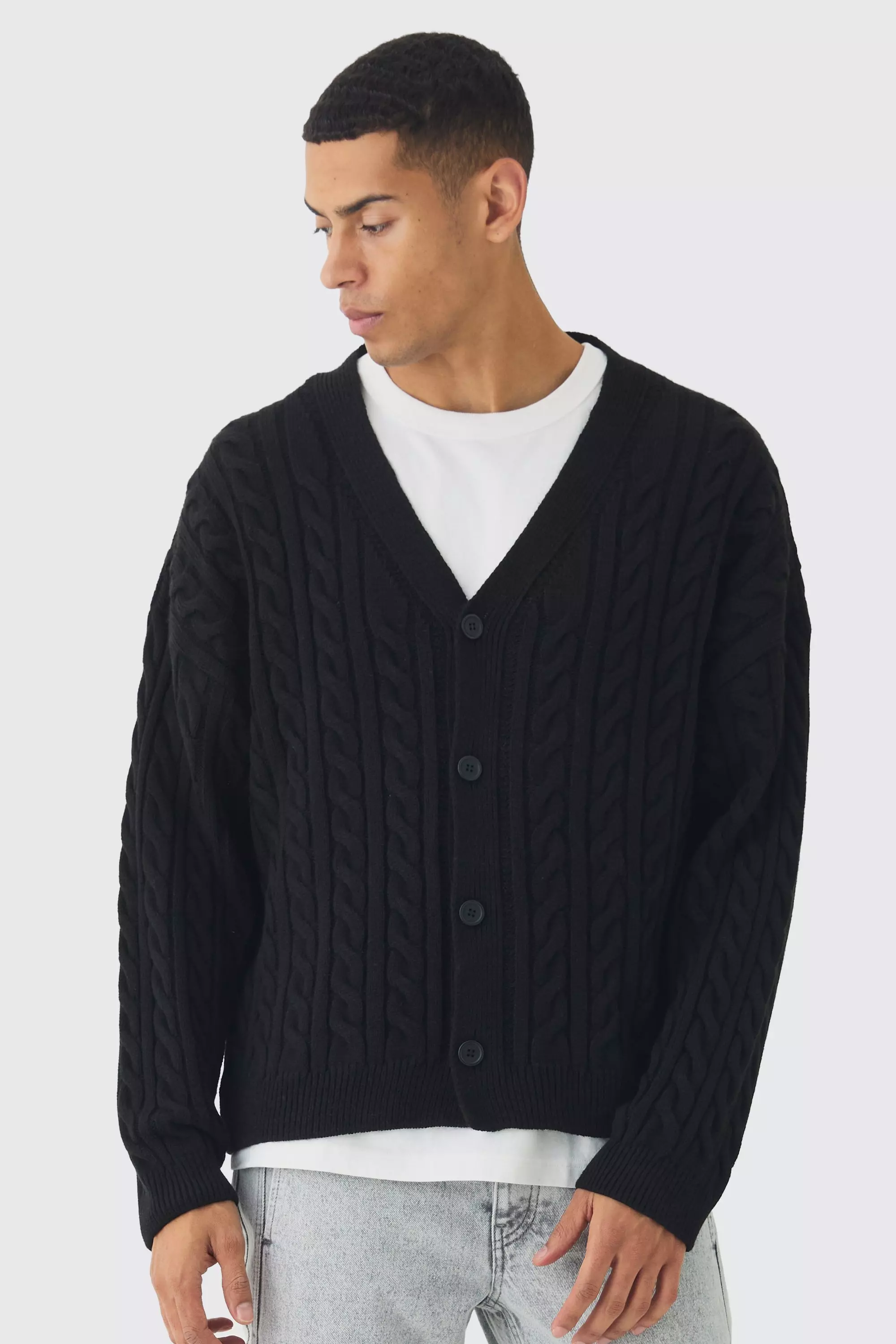 Black Oversized Boxy Cable Knit Cardigan alternative image