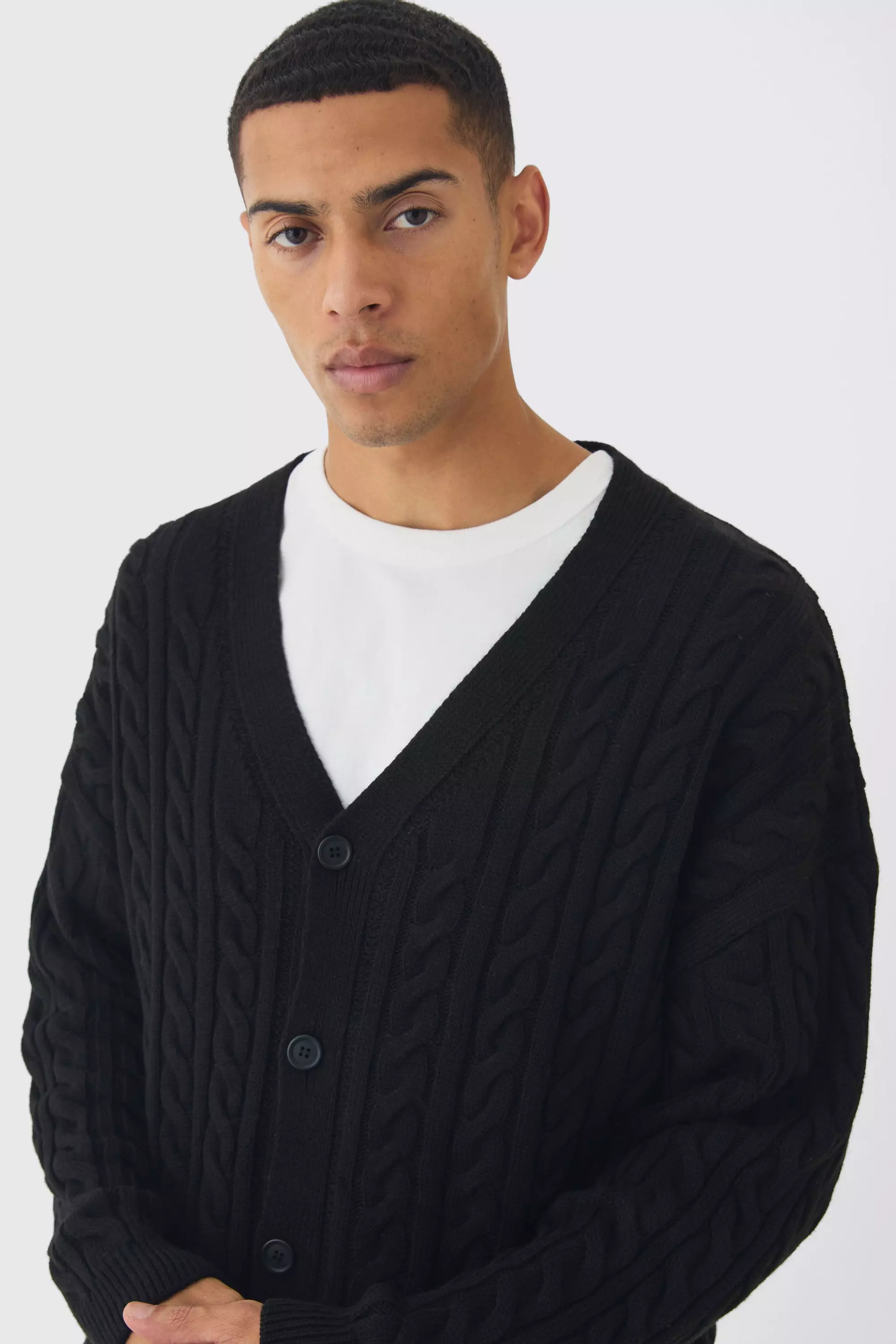 Black Oversized Boxy Cable Knit Cardigan alternative image