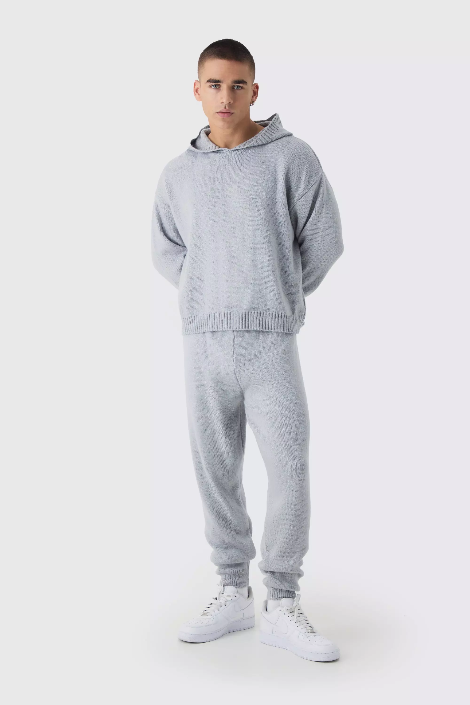 Regular Fit Hooded Brushed Knit Textured Tracksuit Light grey