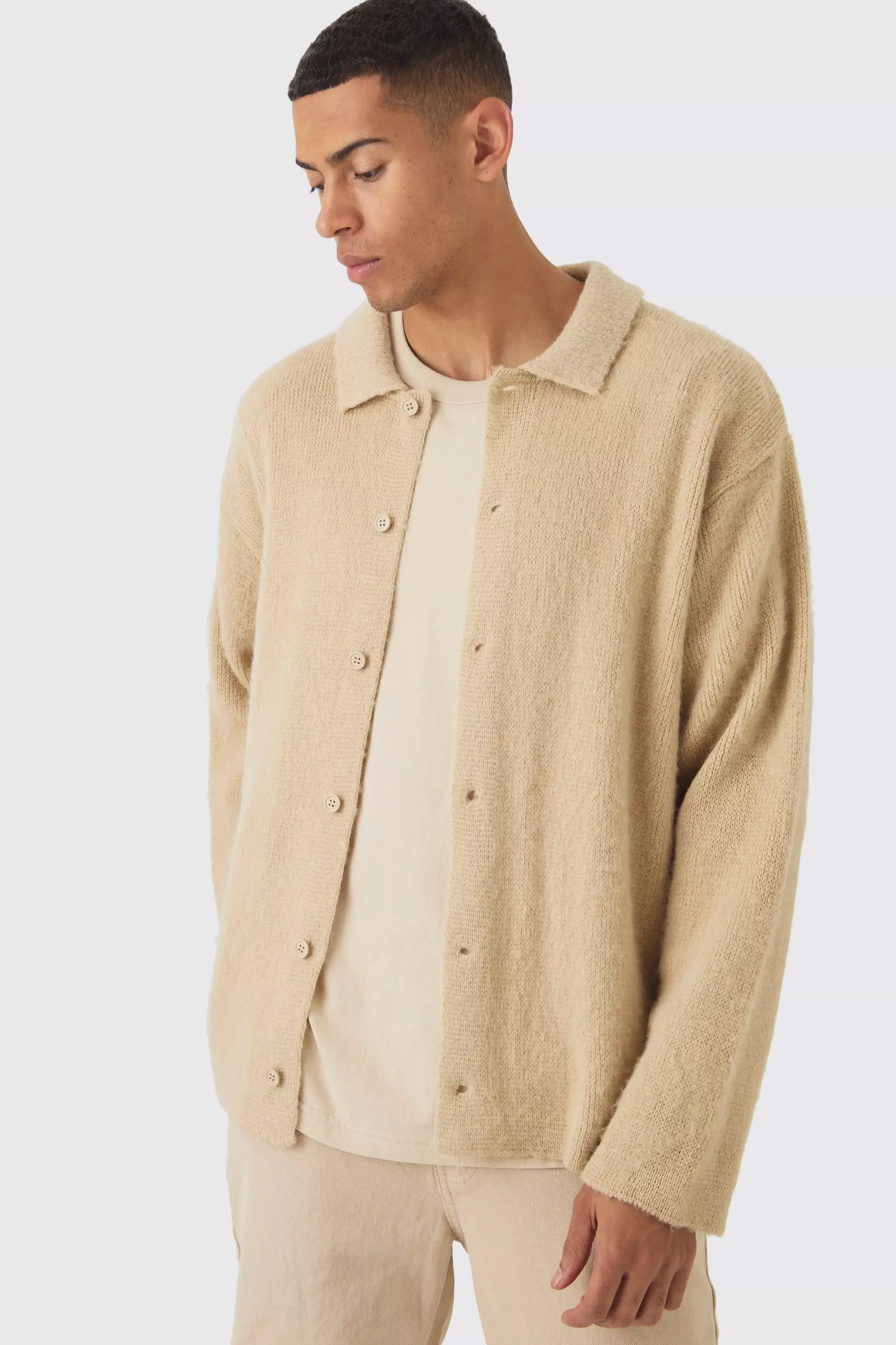 Sand Oversized Brushed Knitted Shirt alternative image
