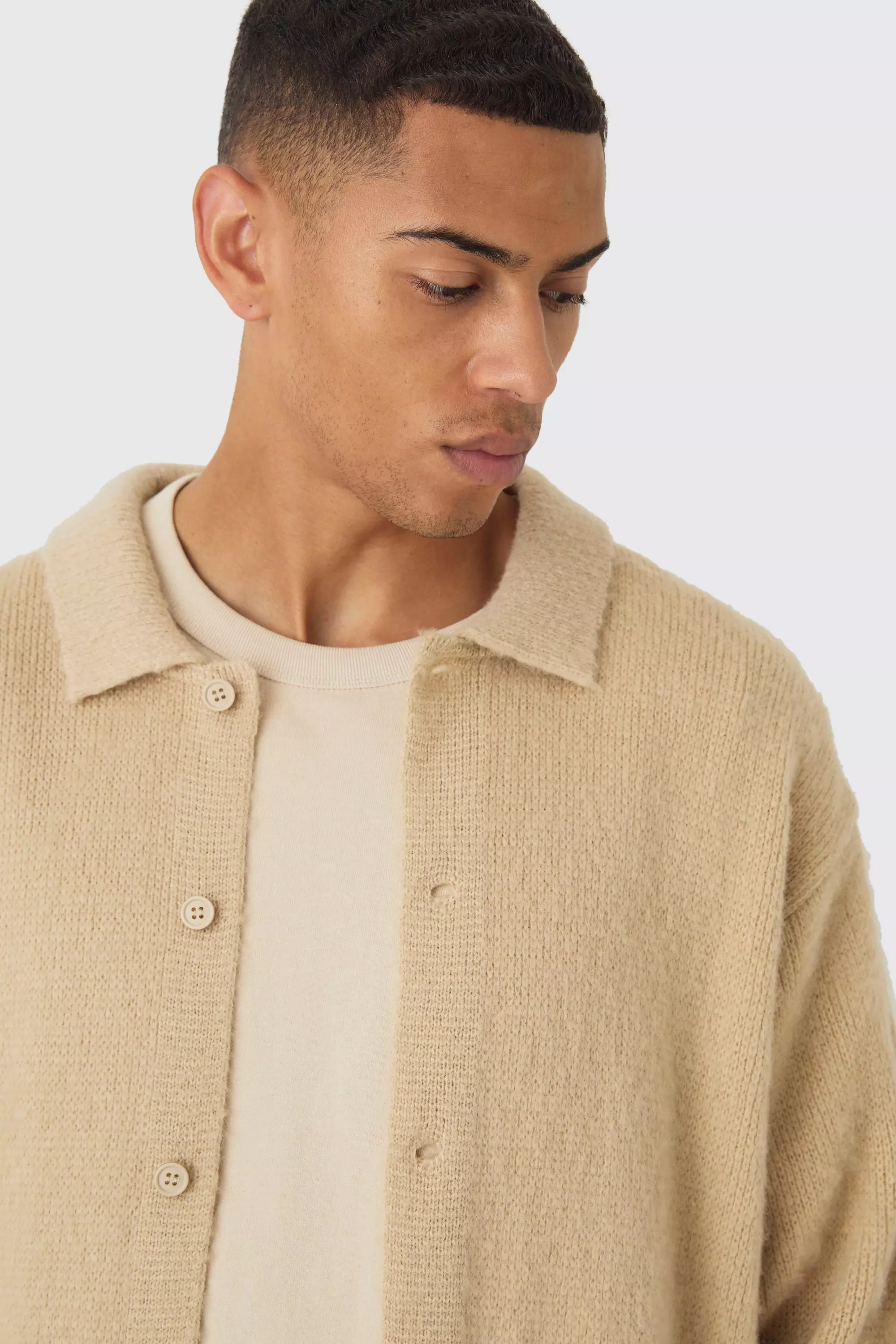 Sand Oversized Brushed Knitted Shirt alternative image