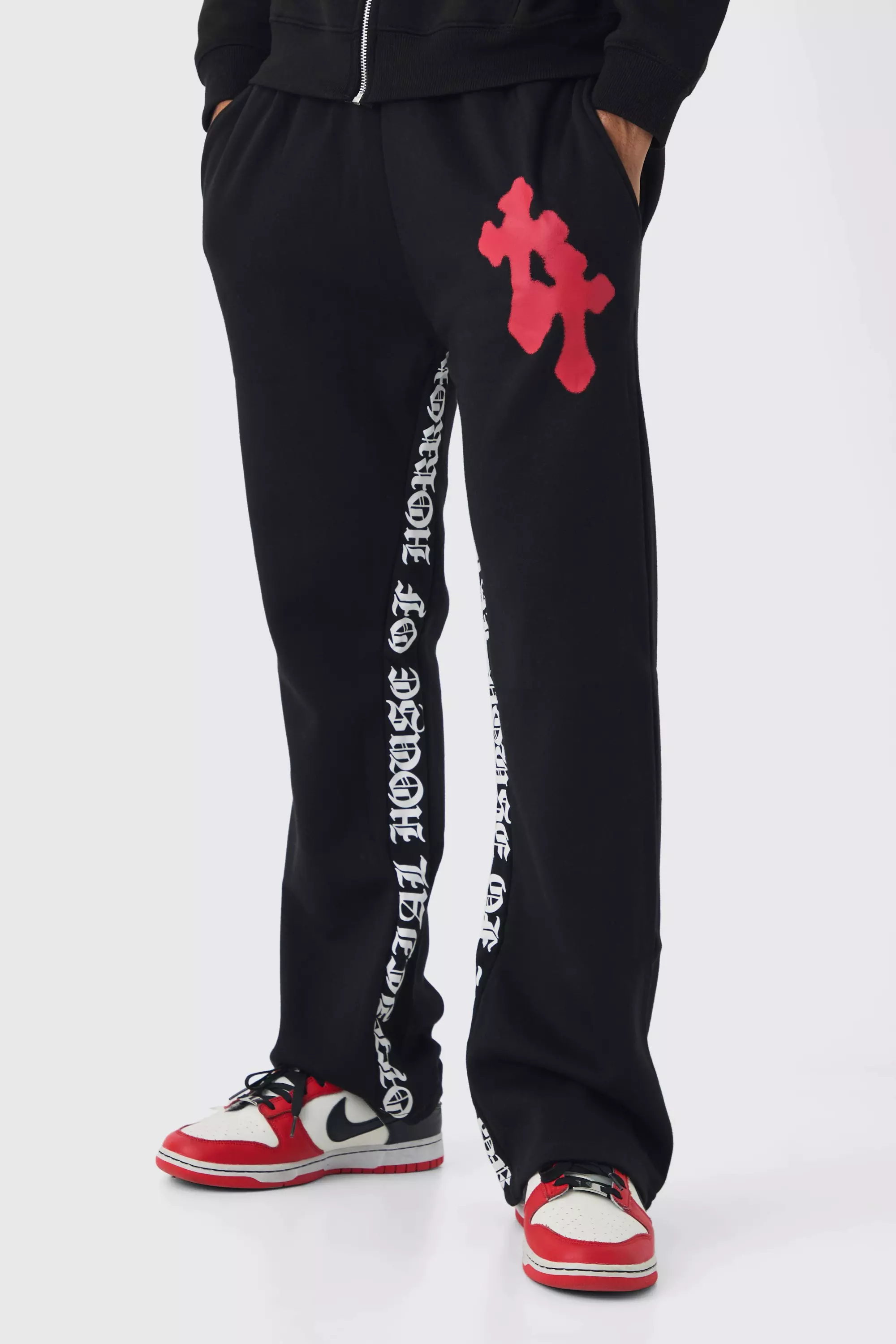 Regular Gusset Print Gothic Cross Sweatpants Black