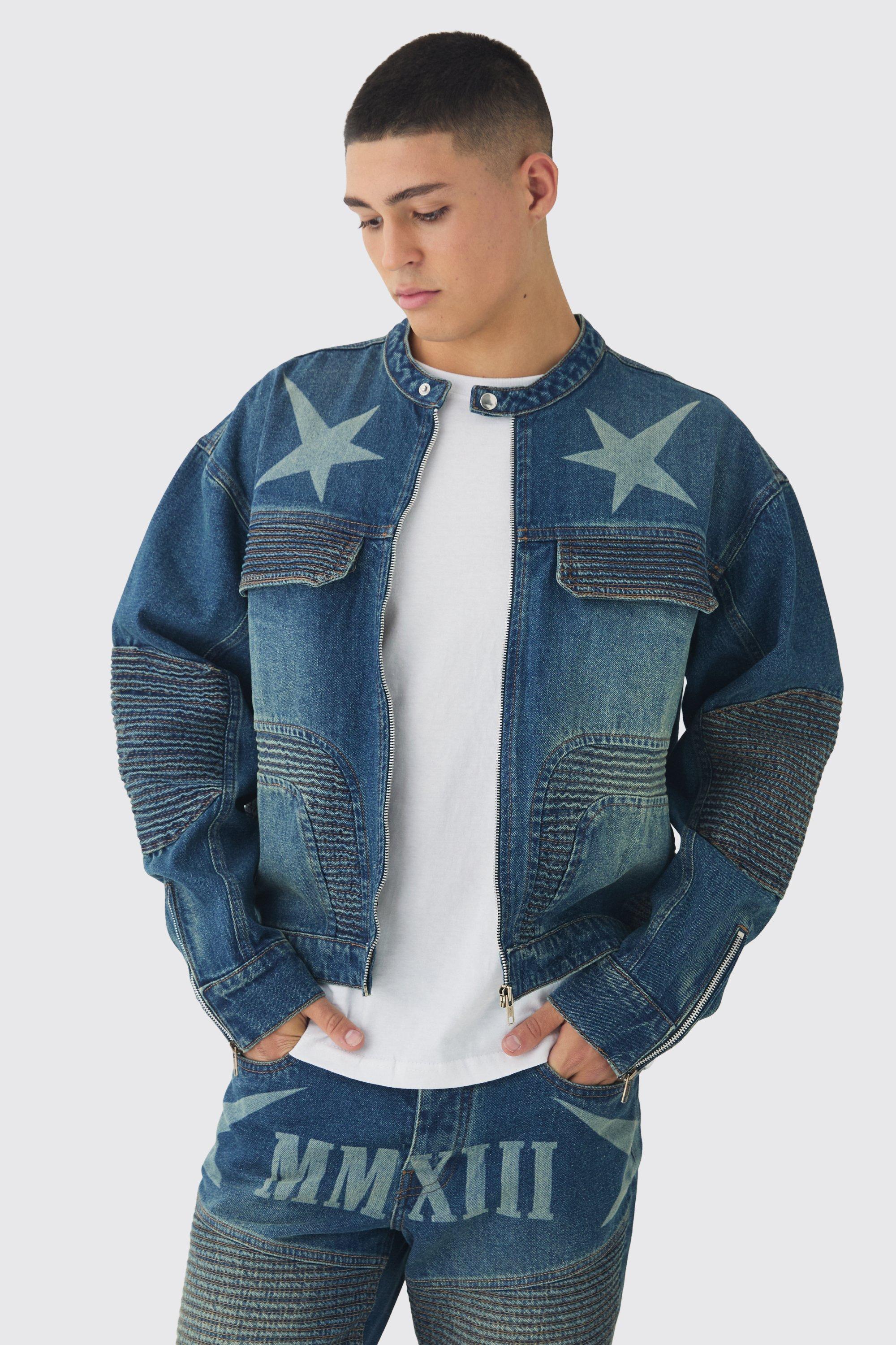 Kastige Denim Bikerjacke mit Moto Stern Laser-Print, Vintage blue