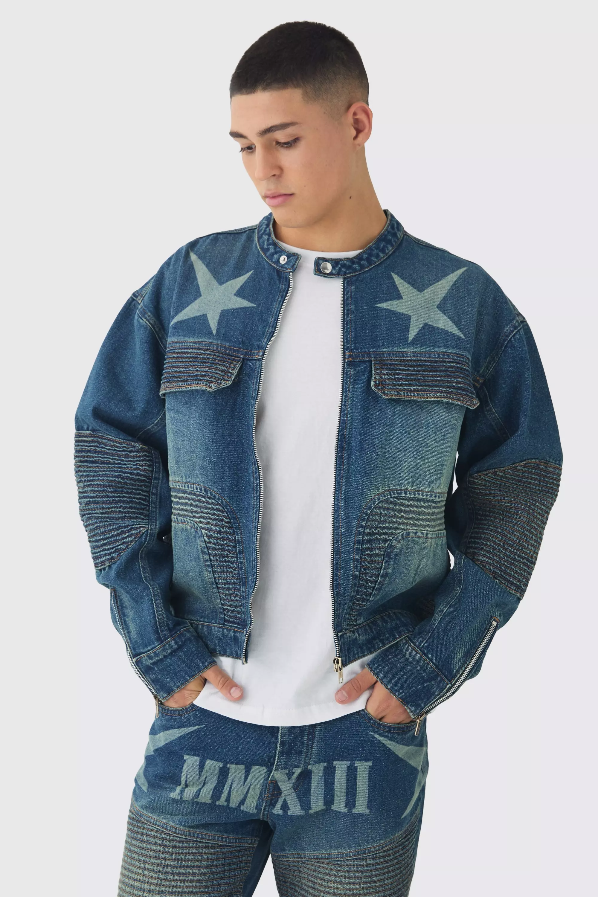 Boxy Denim Moto Star Laser Print Biker Jacket Vintage blue