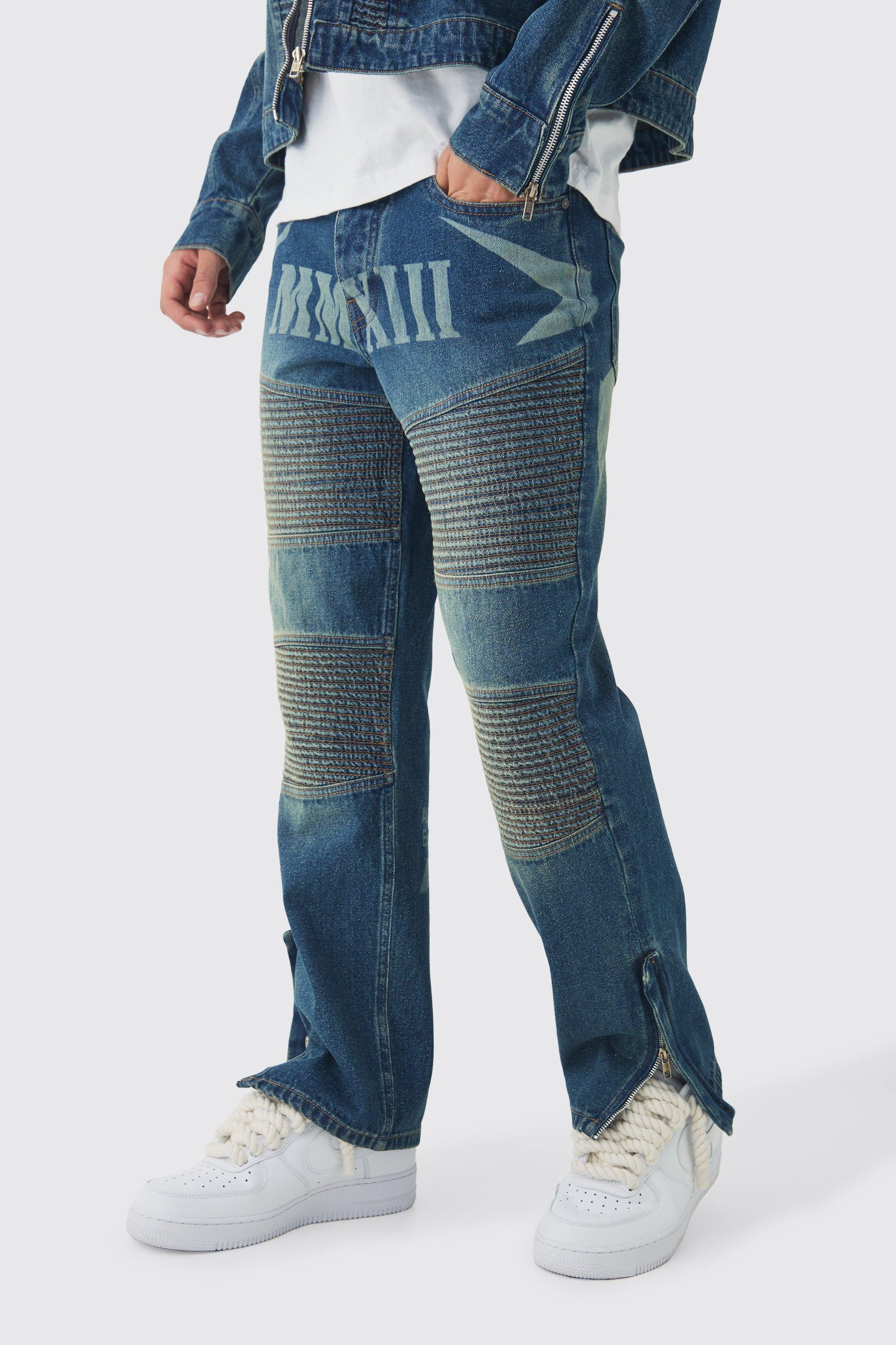 Vintage blue Straight Leg Moto Star Laser Print Jeans