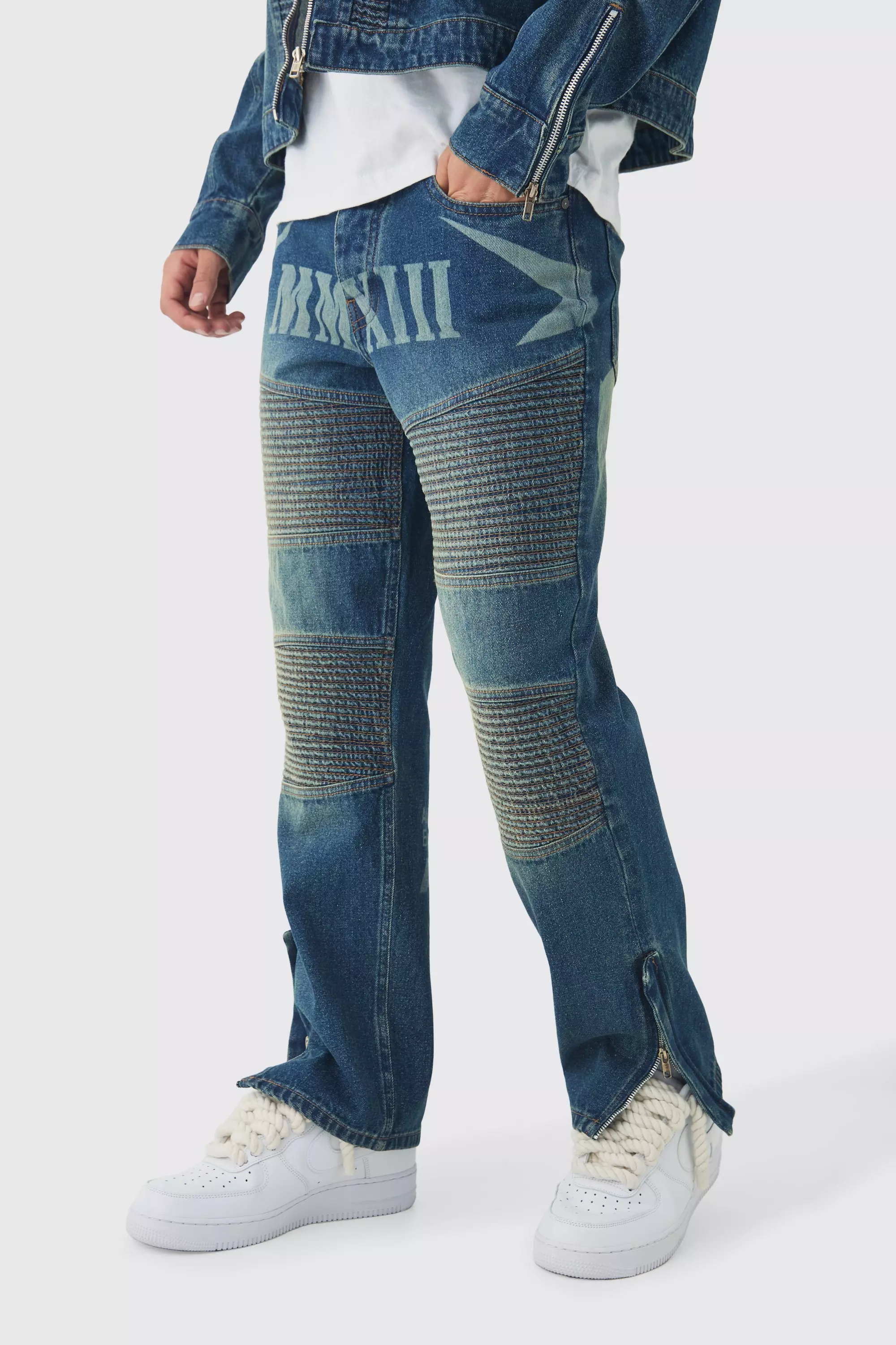 Straight Leg Moto Star Laser Print Jeans Vintage blue